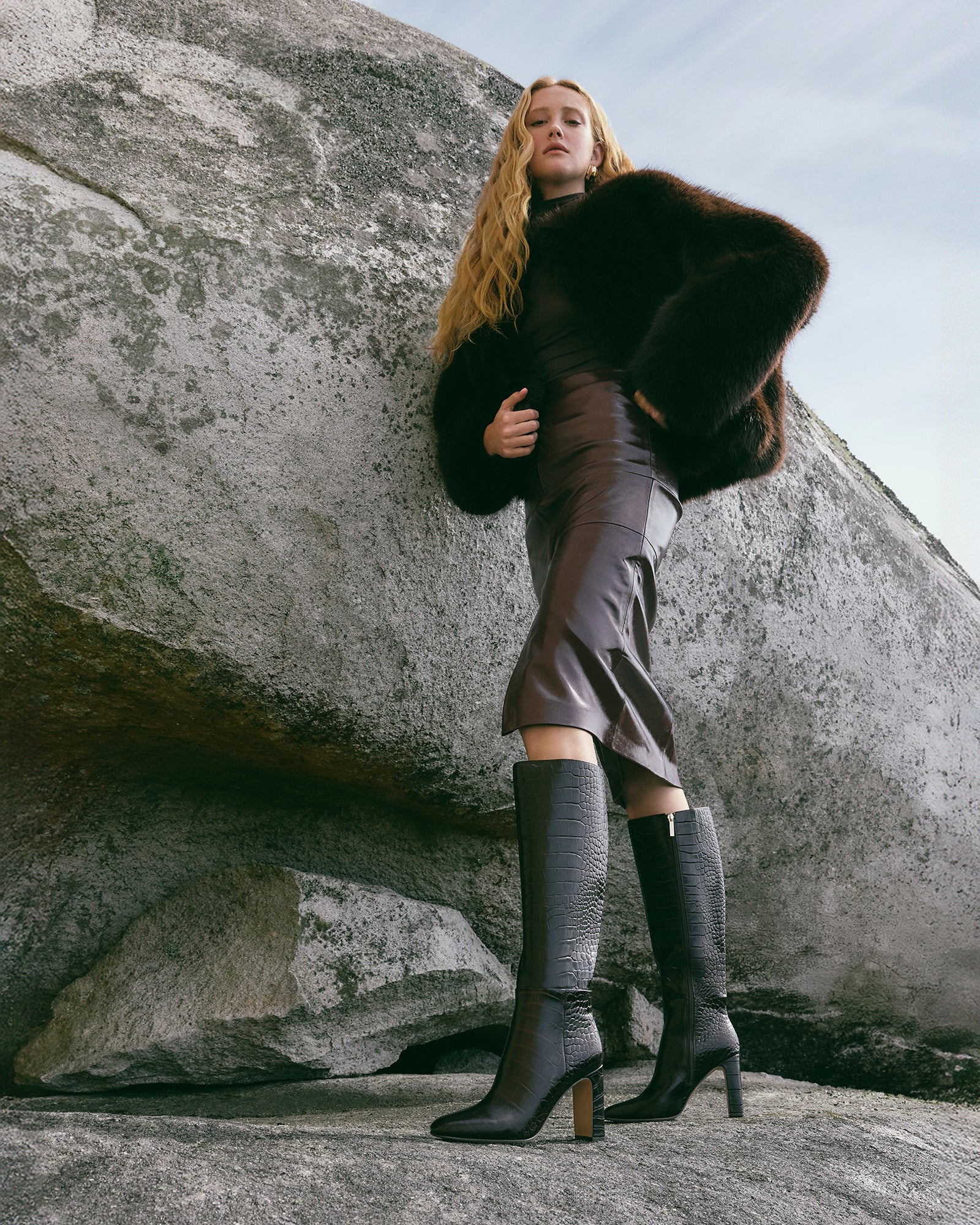 STORMI Women's Knee High Boots in Chocolate Croc Embossed Leather - Stylish & Comfortable for Fall, Winter & Outdoor Activities