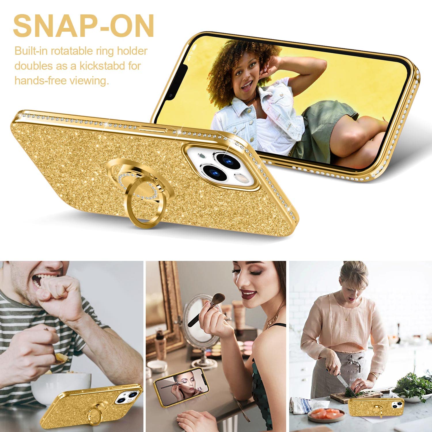 Sparkling Rhinestone iPhone 13 Case with Kickstand & Camera Protection - 6.1 Inch Glitter Phone Cover with Ring Holder, Full Body Shockproof Design for Women (Gold) | Perfect for Daily Use, Parties, Travel & Gift Giving