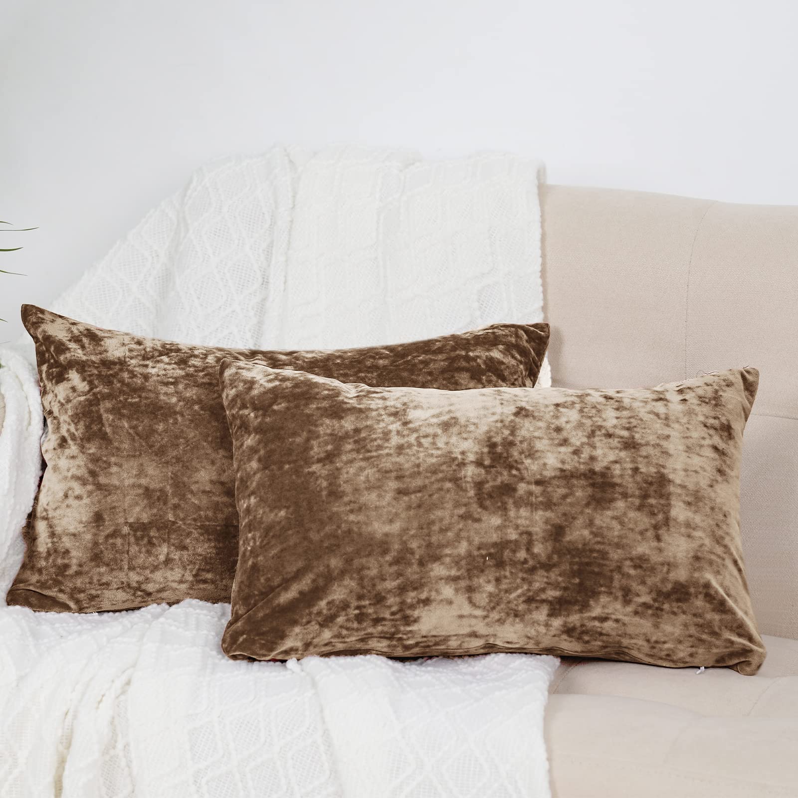 Luxury Velvet Lumbar Pillow Cover Set - 12x20 Inch (2 Pack) No Insert - Ultra Soft Gradient Rectangle Throw Pillow Covers for Sofa, Bed, Couch - Khaki Home Decor - No Shedding & No Pilling - Cozy Living Room & Bedroom Accessories