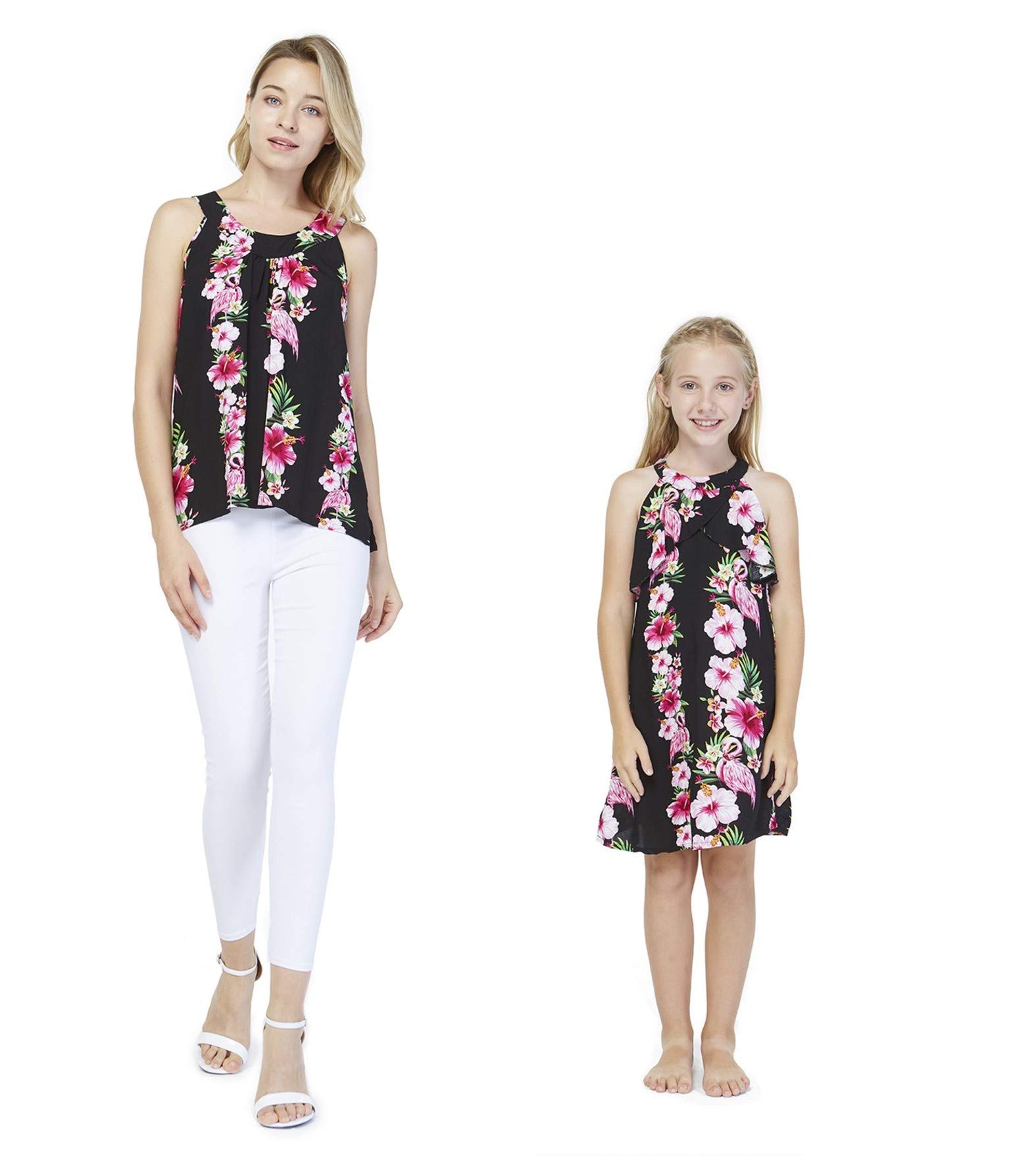 Hawaiian Luau Matching Outfits for Mother and Daughter - Pink Hibiscus Vine Tank Top & Ruffle Dress Set | Perfect for Family Beach Vacations, Summer Parties, and Tropical Themed Events