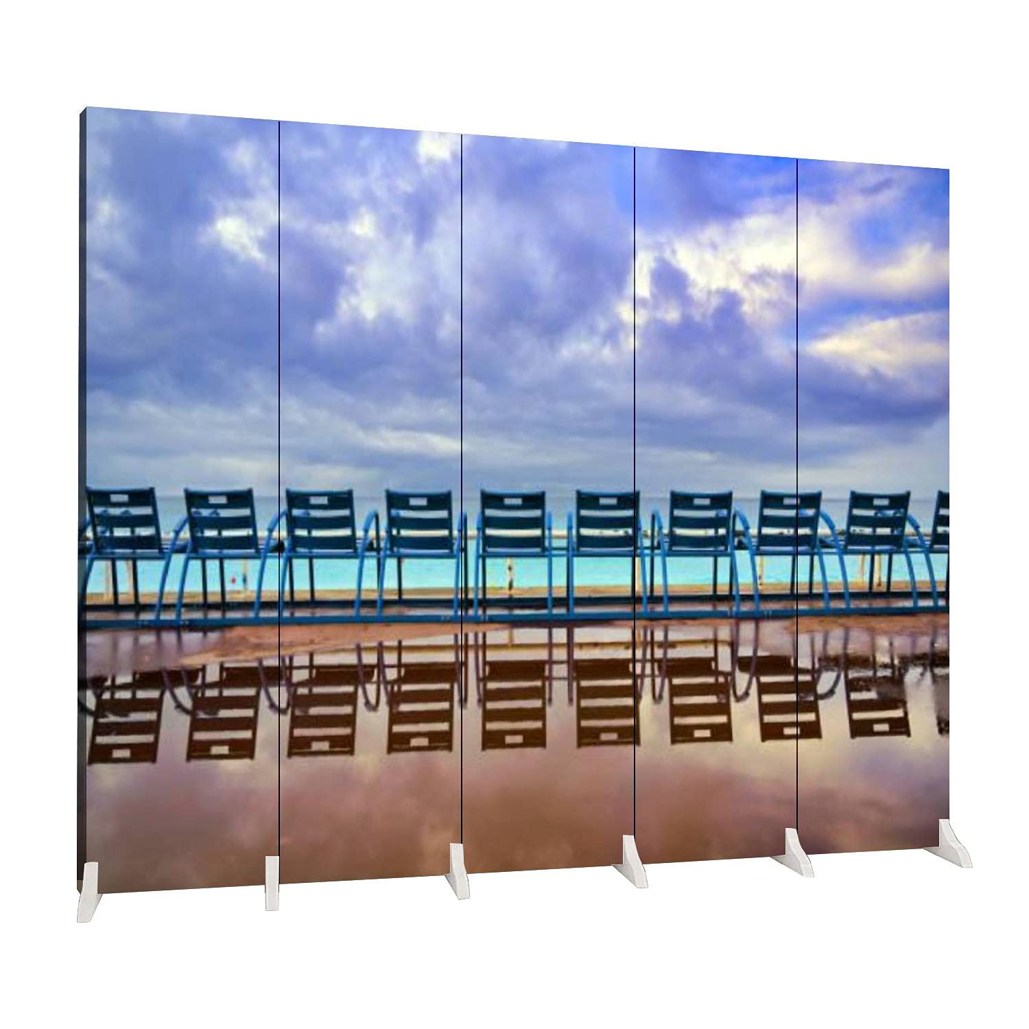 5-Panel Folding Room Divider Screen - Blue Canvas Privacy Partition for Indoor Spaces | Freestanding Protective Wall Separator | Perfect for Home Office, Bedroom, and Living Room Dividers