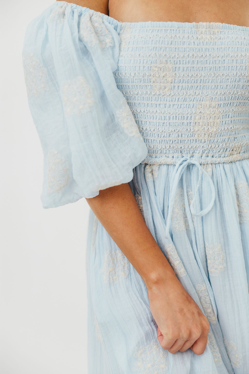 Aimee Women's Blue Floral Smocked Embroidered Midi Dress - Perfect for Summer Weddings, Garden Parties & Casual Outings