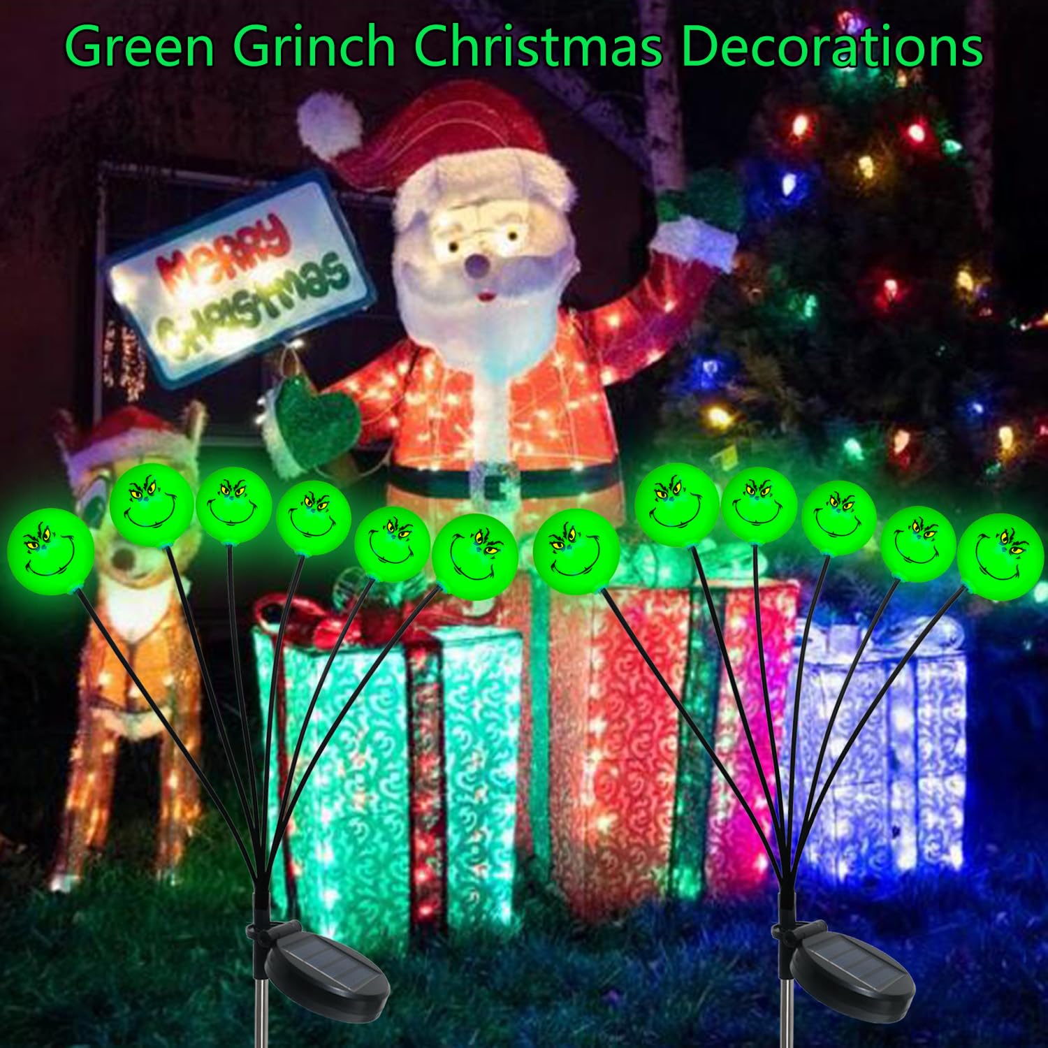 Upgraded 2-Pack Solar Grinch Christmas Decorations - 12 LED Swaying Firefly Lights for Outdoor Pathway, Garden, Patio & Yard - Waterproof Solar-Powered Grinchmas Decor for Holiday Lighting (Perfect for Christmas Party, Front Yard Display & Festive Nighttime Ambiance)