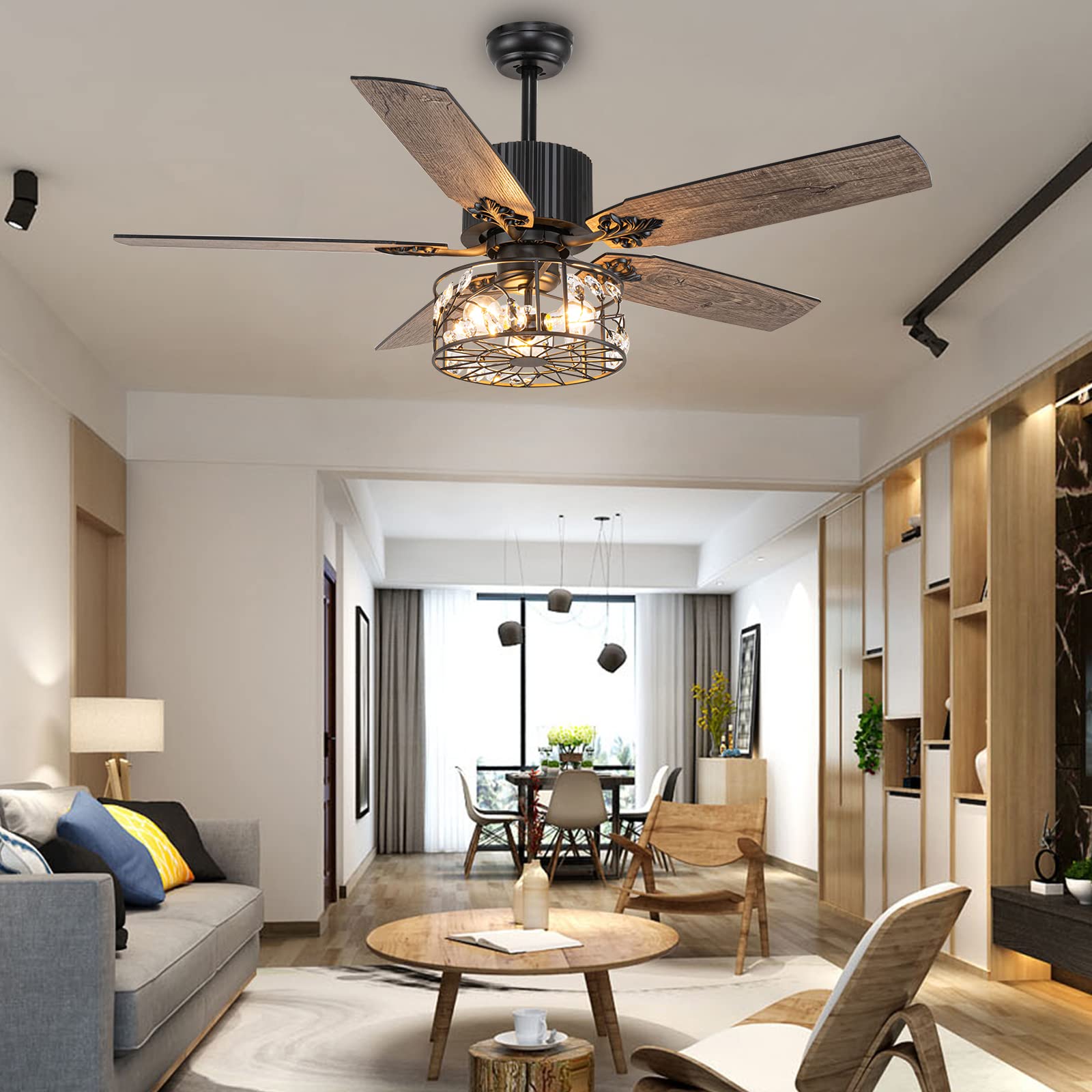 Tropwellhouse 52 Inch Industrial Ceiling Fan with Lights - 5 Wood Reversible Blades, Crystal Light Fixture, Remote Control - Perfect for Living Room, Bedroom, Kitchen & Office - Brown Finish