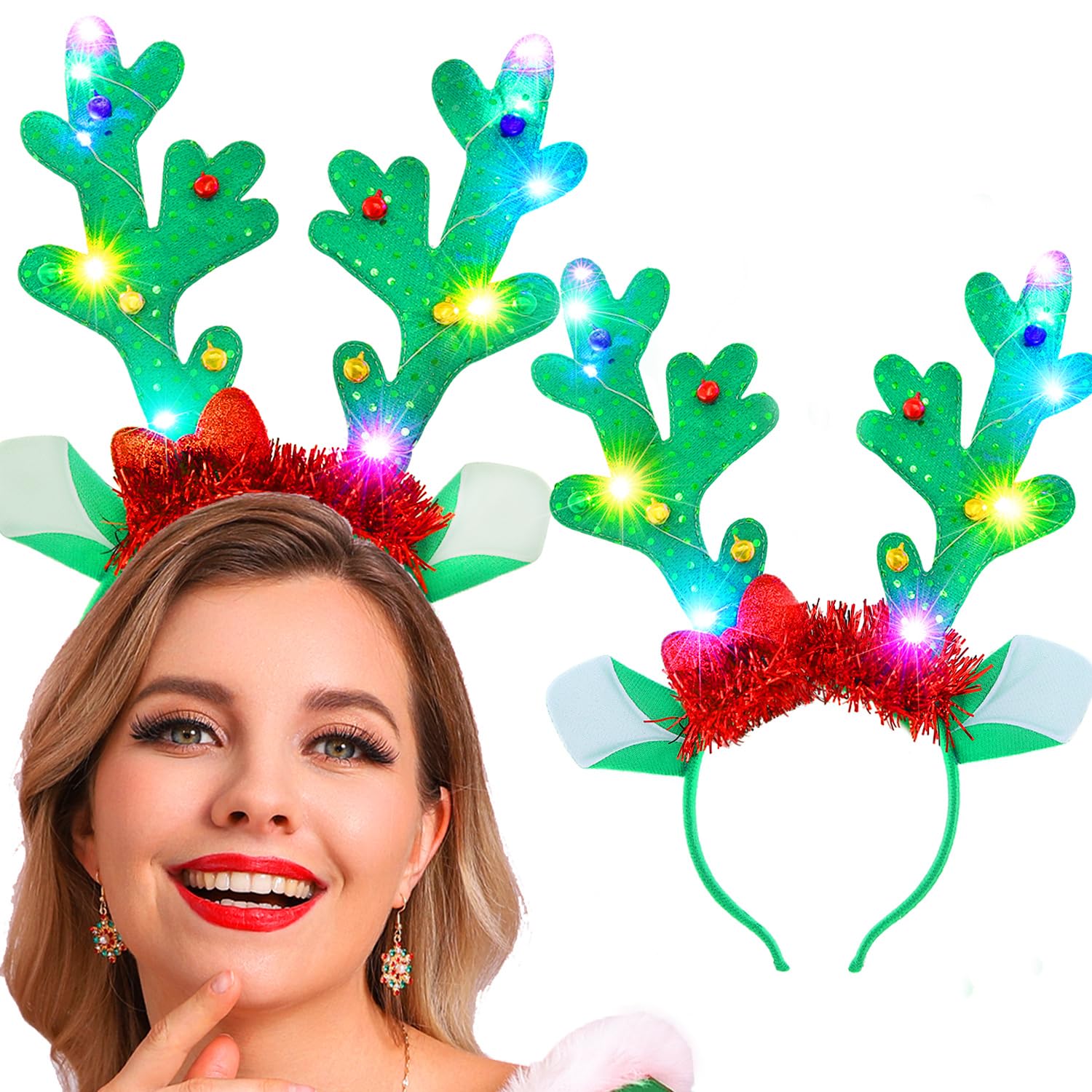 Fashband Light Up Christmas Reindeer Antlers Headband - Glowing Deer Antler Hair Accessory for Women & Girls - Perfect for Christmas, Halloween, Cosplay & Holiday Parties (Green)