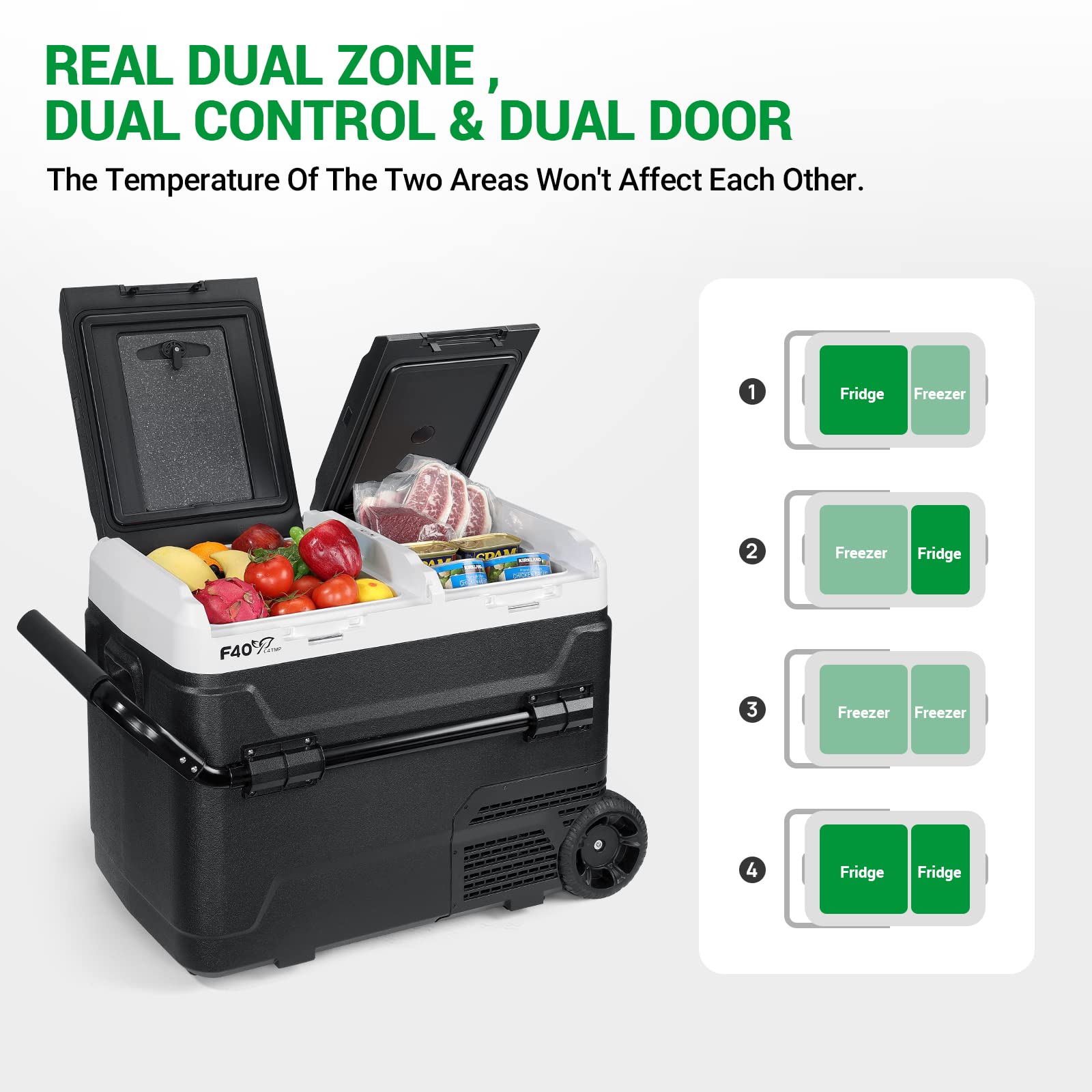 12V Portable Refrigerator 54QT Dual Zone Car Freezer - Independent Temperature Control (-4°F to 68°F), 51L Compressor Cooler with Wheels & Baskets for Camping, RV, Road Trips | 12/24V DC & 100-240V AC Power | Perfect for Outdoor Adventures, Tailgating & Long Drives
