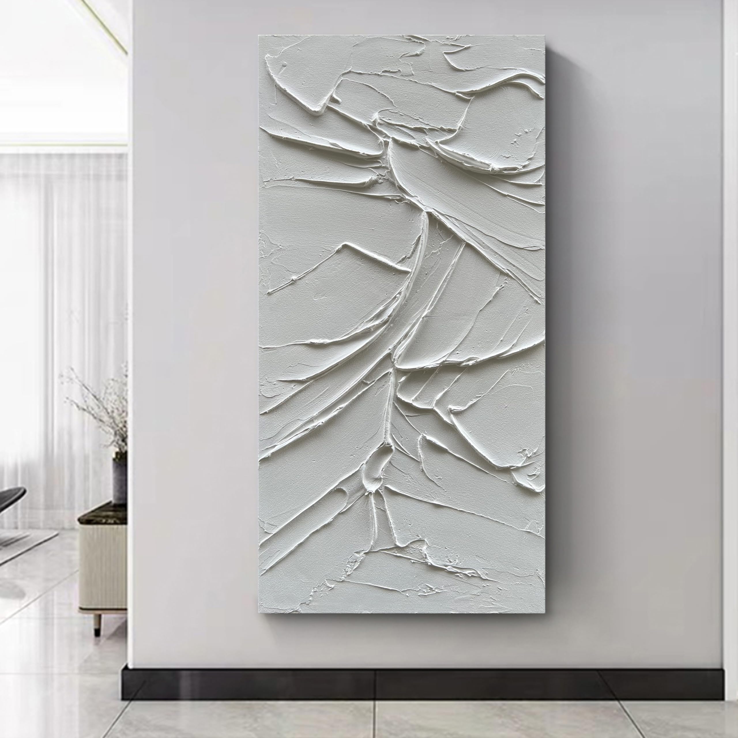 Hand Painted White Abstract Modern Oil Painting - 48x24 Inch Contemporary Textured Canvas Wall Art - Minimalist Home Decor for Living Room, Bedroom & Office