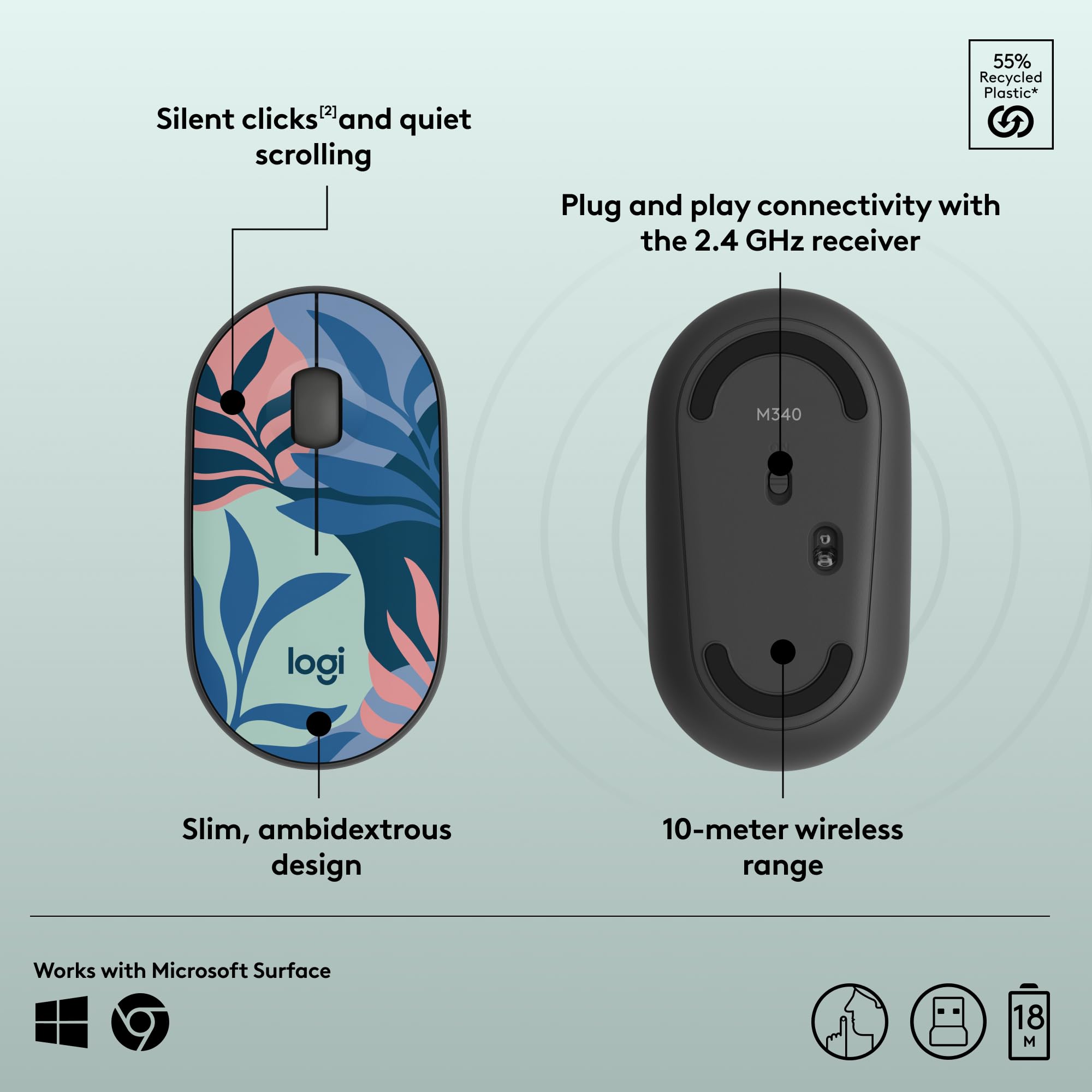 Logitech M340 Wireless Mouse with Silent Click - Limited Edition Floral Leaves Design, USB Receiver, Compatible with Laptop, PC, Windows, Chrome, Surface - Perfect for Office, Home & Travel Use