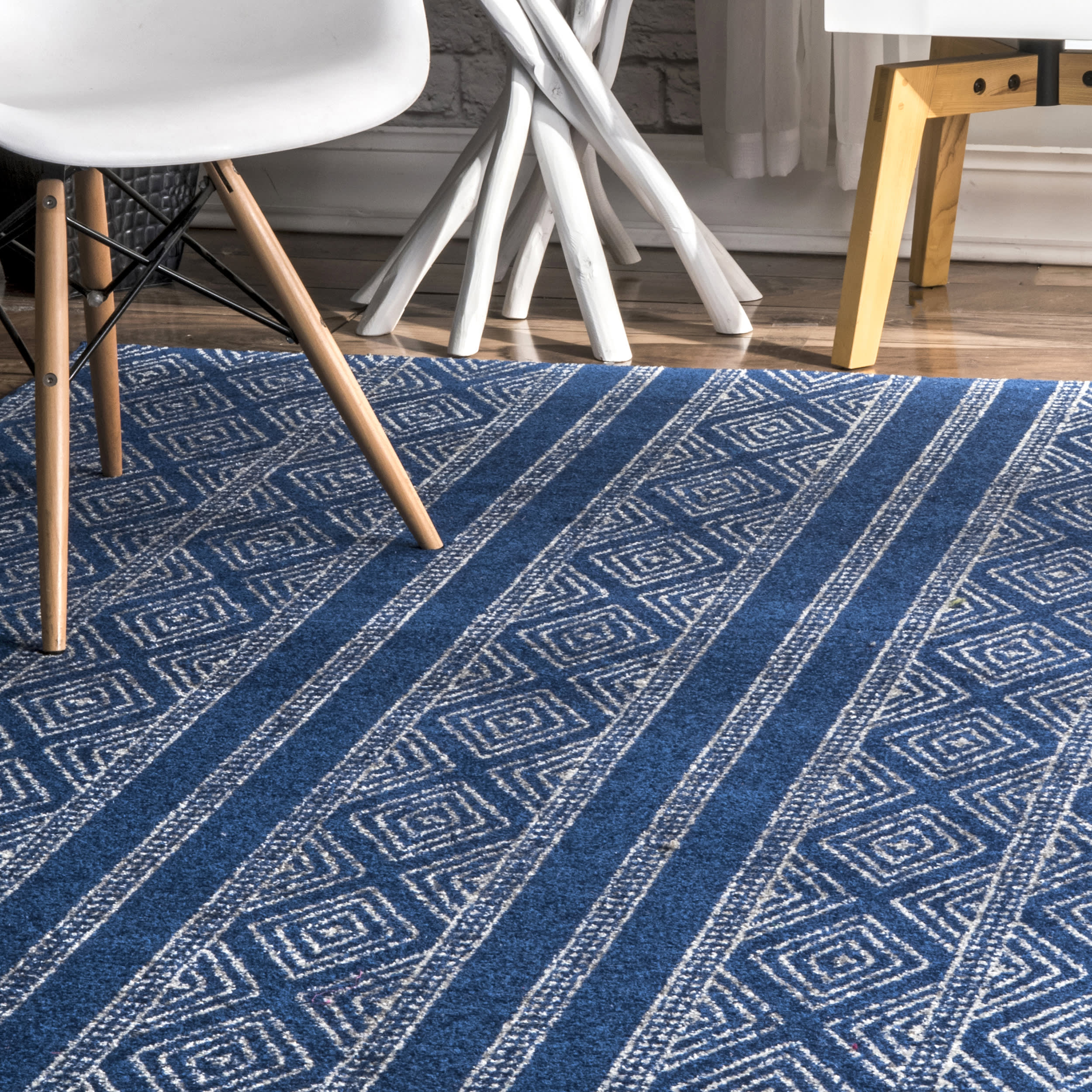 Banded Bird's Eye Diamonds Area Rug | Blue Geometric Bohemian Design - Perfect for Living Room, Bedroom & Home Decor