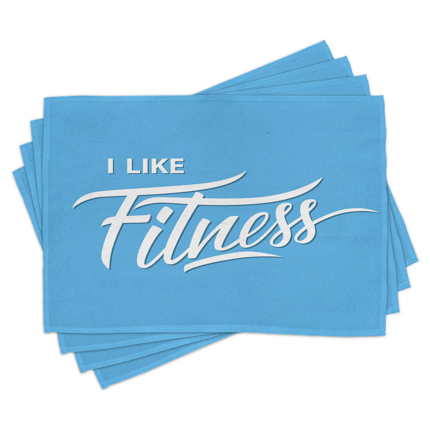 Ambesonne 4-Piece Fitness Themed Placemats Set - Athletic Sports & Workout Lifestyle Design - Washable Fabric Table Mats for Dining - Standard Size Pale Blue & White - Perfect for Gym Enthusiasts & Healthy Dining
