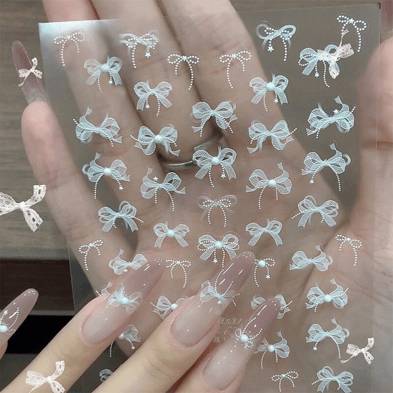 3D White Lace Bowknot Nail Stickers with Rhinestones - T355 #01 for Manicure, Nail Art, and Special Occasions
