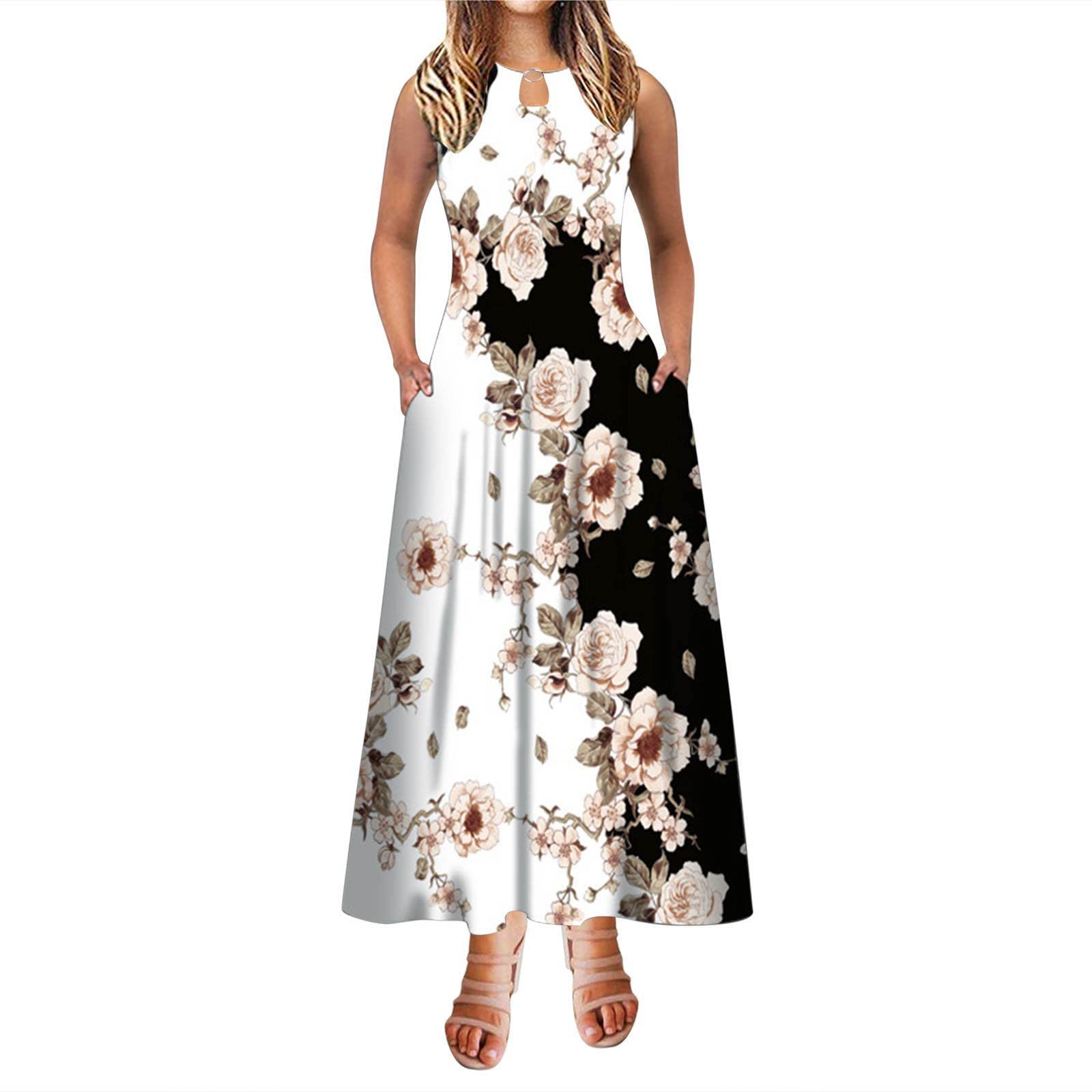 Holzkary Women's A-Line Maxi Dress - Sleeveless Floral Print with Pockets for Spring & Summer | Casual Beach Wear, Wedding Guest Outfit, Vacation Dress