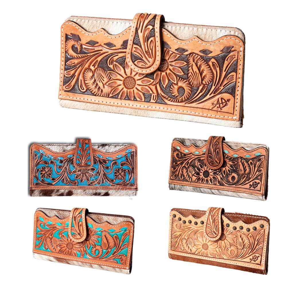 American Darling ADBG487BR Genuine Leather Women's Western Wallet Handbag - Hand-Tooled Hair-On Cowhide Purse for Cowgirl Fashion & Rodeo Events