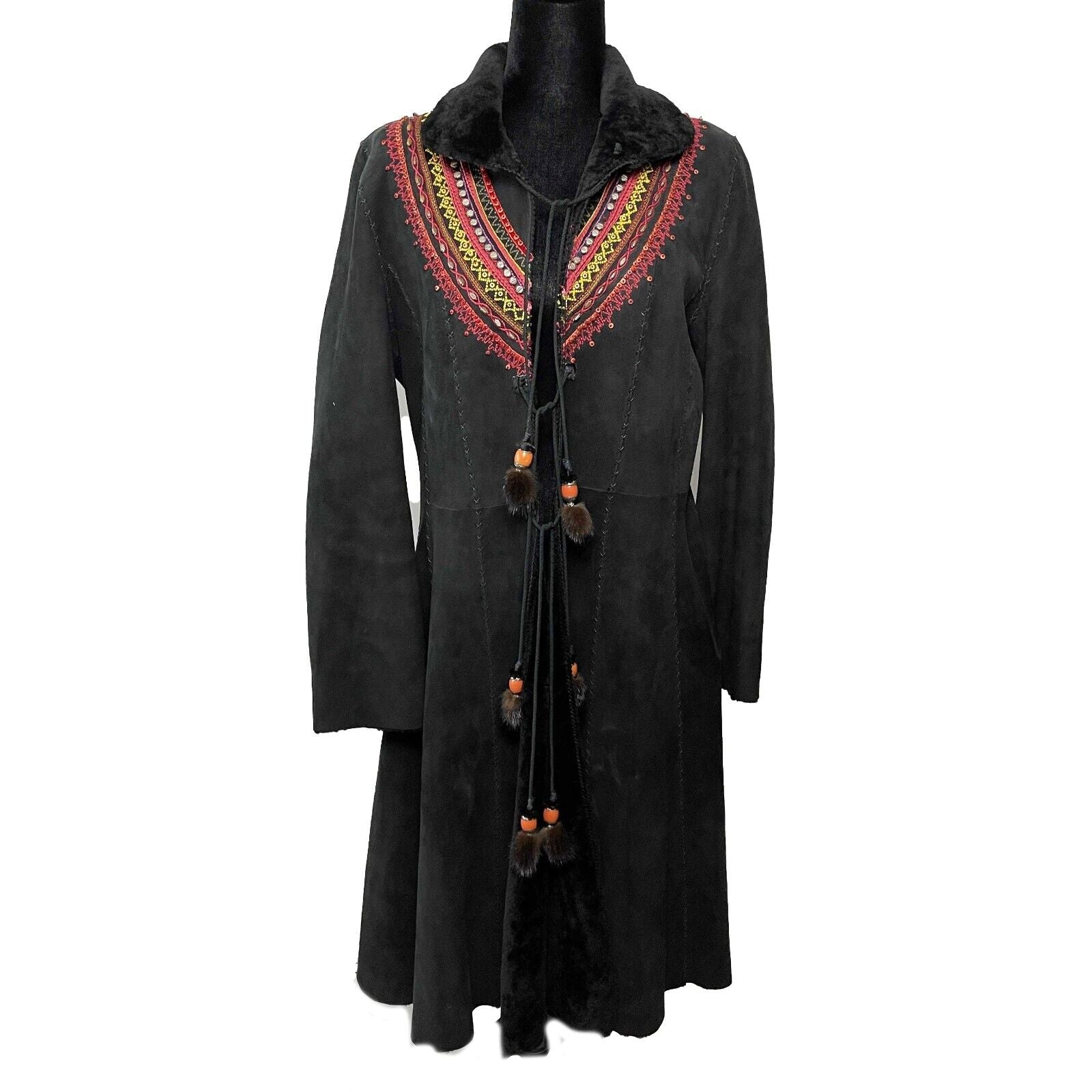 Dennis Basso Women's Black Suede Embroidered Swing Leather Coat - Size S/M | Elegant Outerwear for Fall & Winter Fashion | Perfect for Parties, Weddings & Evening Events