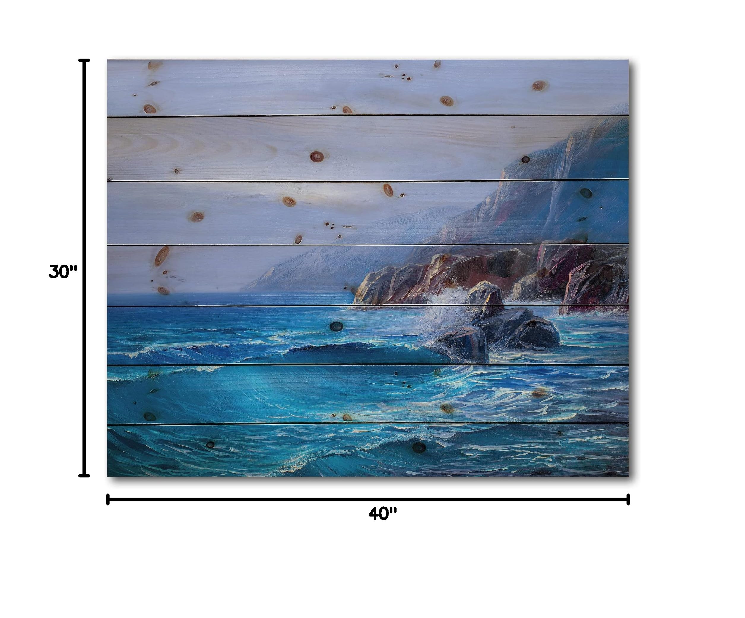 DesignQ Morning Sea Wave Canvas Painting - Nautical & Coastal Wood Wall Art Decor, Large Blue Beach Wood Wall Panel Printed on Natural Pine - Perfect for Living Room, Bedroom, or Beach House Decor