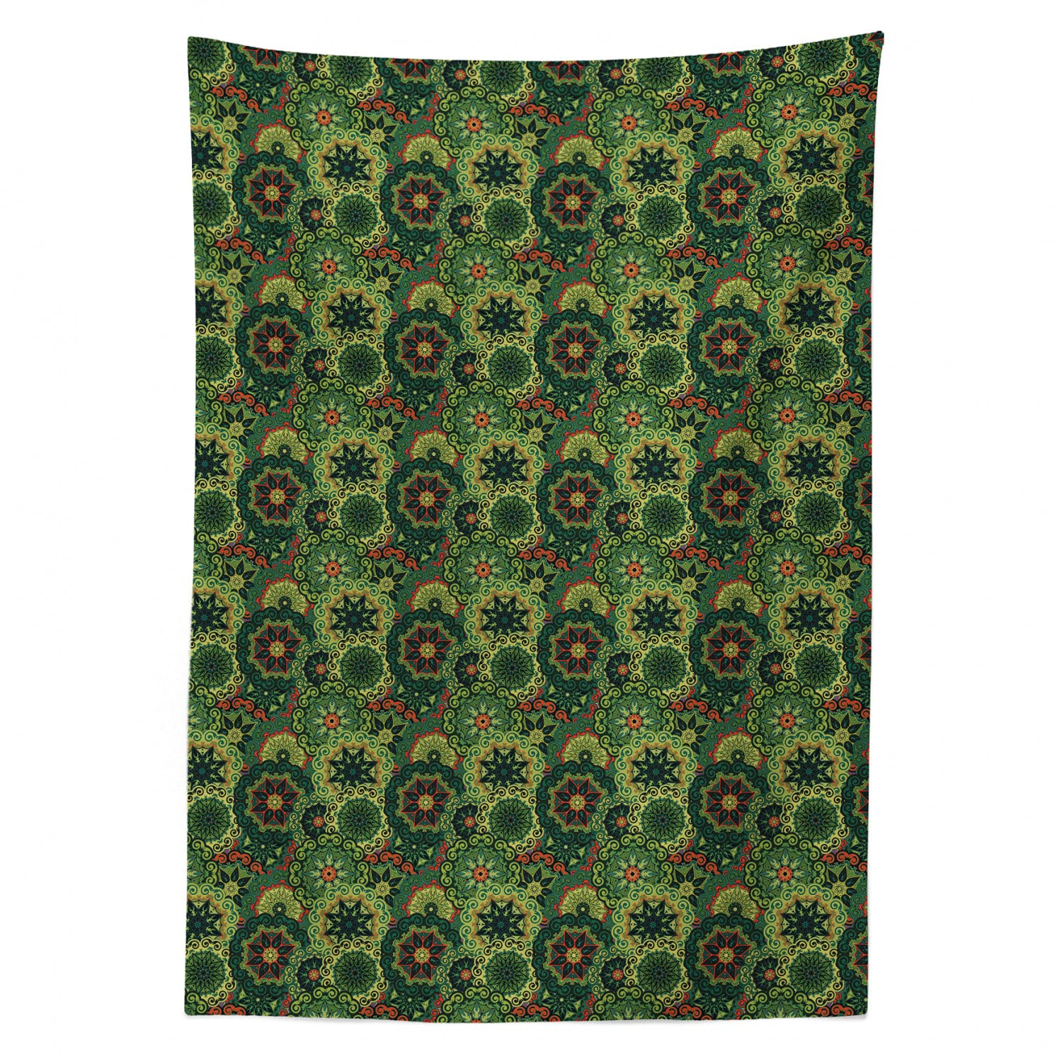 Ambesonne Mandala Tablecloth - Retro Round Floral Design, Rectangle Satin Table Cover for Dining Room & Kitchen, 52x70 Inches, Pale & Dark Green - Perfect for Boho Decor, Dinner Parties & Cultural Home Accents