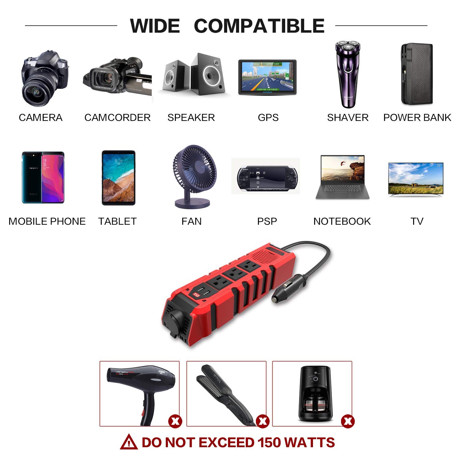 150W Car Power Inverter DC 12V to 110V AC Converter with 3 AC Outlets & 2 USB Ports (2.4A) - Cigarette Lighter Adapter for Road Trips, Camping & Charging Laptops/Devices On The Go