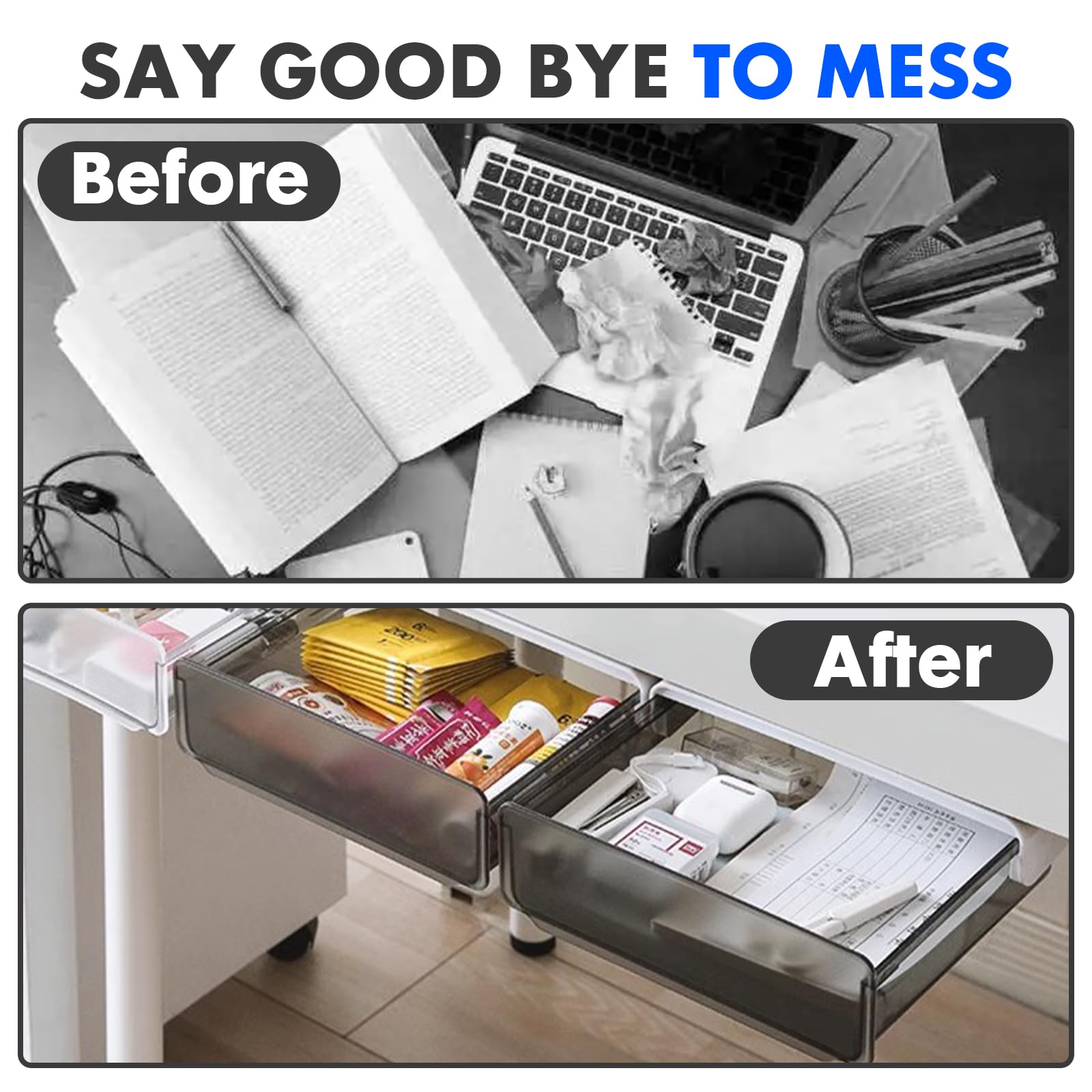 Self-Adhesive Under Desk Drawer Organizer - 2 Pack Hidden Slide-Out Storage Tray for Office Supplies, Stationery & Utensils - Perfect for Home Office, School Desk & Kitchen Countertop (Large, Black)