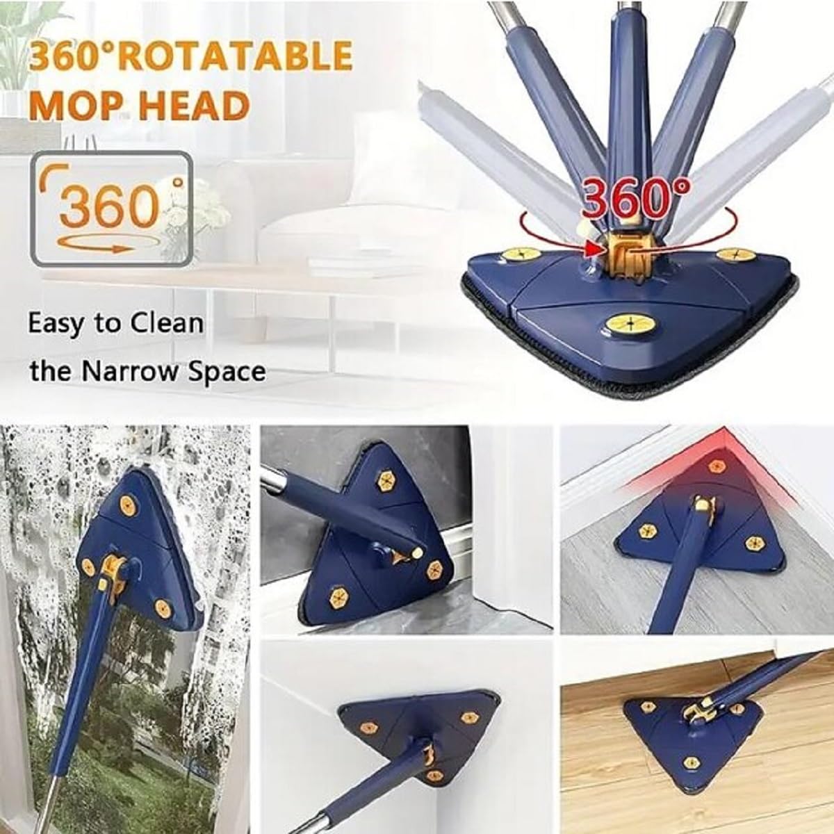 360° Rotating Magic Mop with Wringer - Triangle Floor Mop with 2 Reusable Pads (Blue) - Perfect for Hardwood, Tile & Laminate Floors - Easy Spin Cleaning for Home & Office
