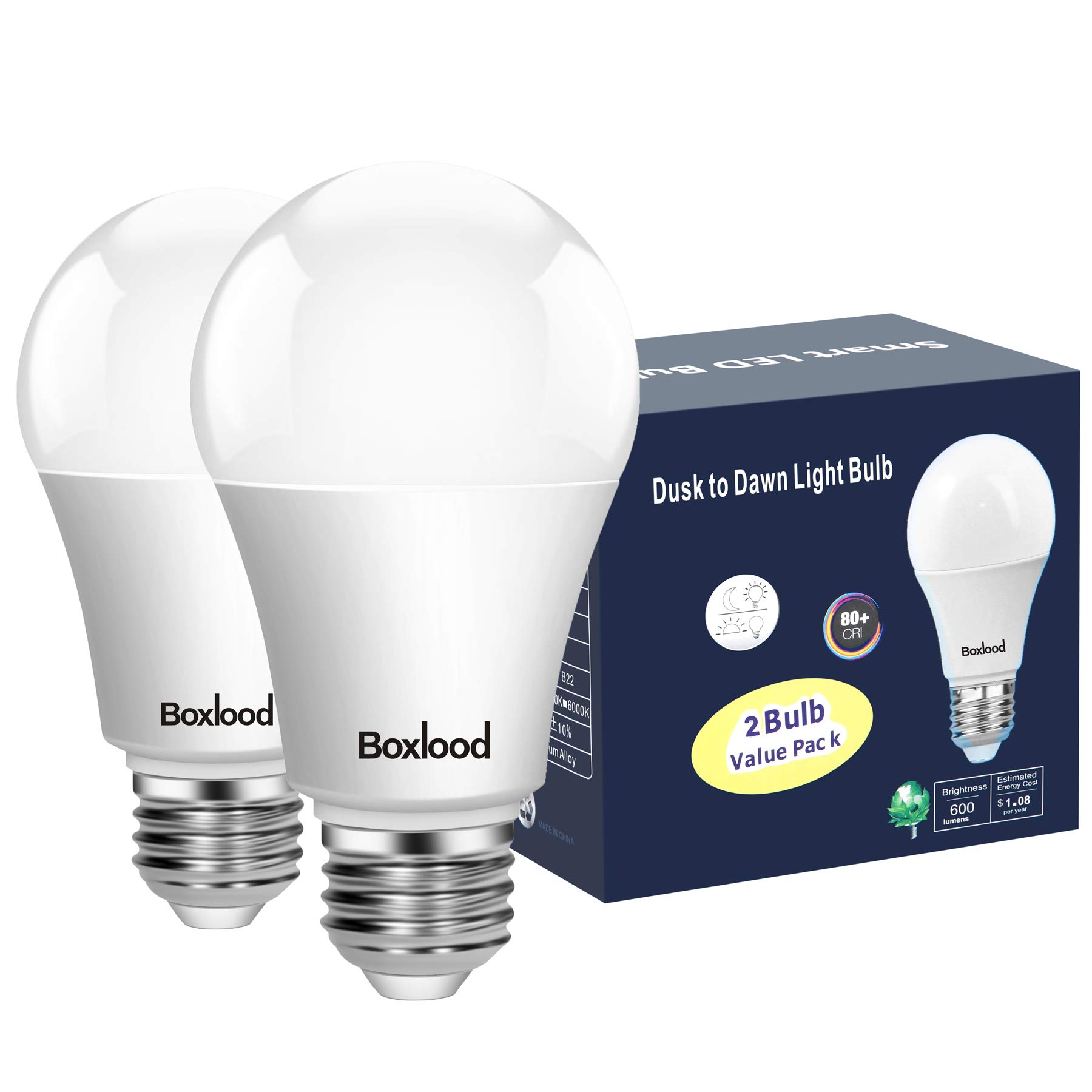 Boxlood Dusk to Dawn LED Light Bulbs with Built-in Light Sensor - 9W 6000K Cool White (60W Halogen Equivalent) - A19 E26 Base - Auto On/Off Indoor/Outdoor Lighting (2 Pack) - Perfect for Porch, Garage, Garden & Security Lighting