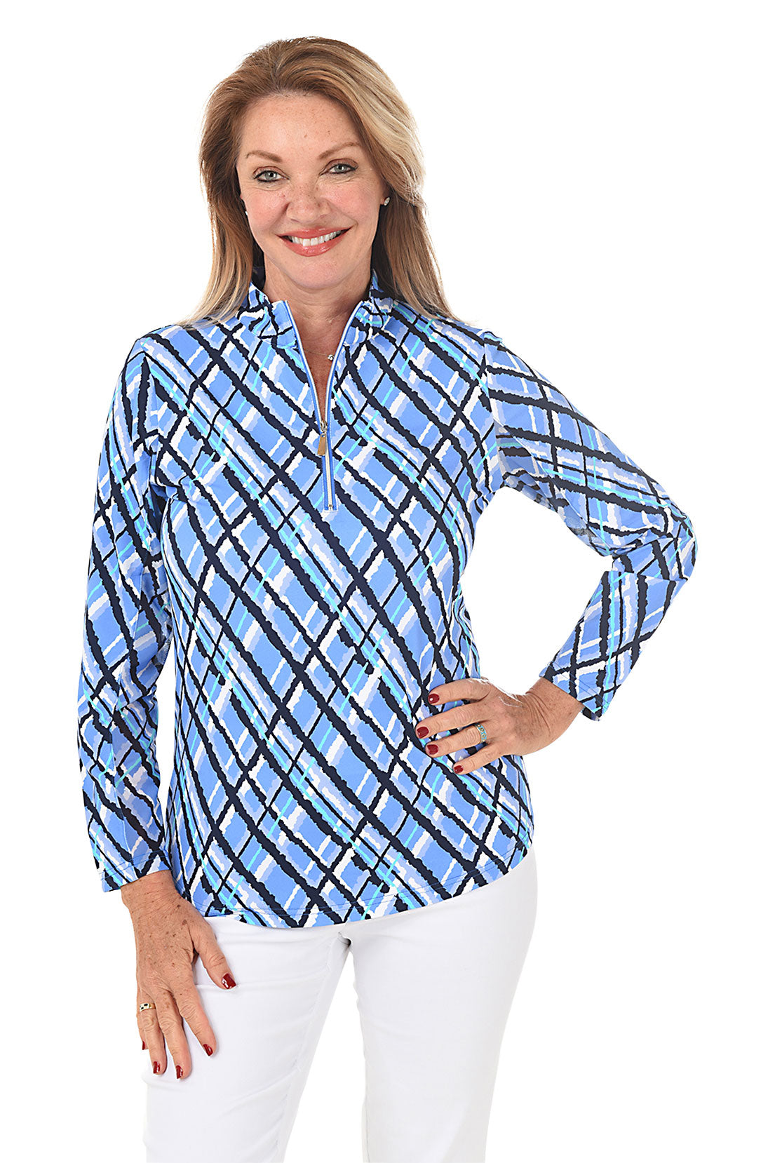 Argyle Plaid Cooling UPF50+ Mock Neck Top for Women - Sun Protection Shirt for Outdoor Activities, Hiking, and Summer Travel