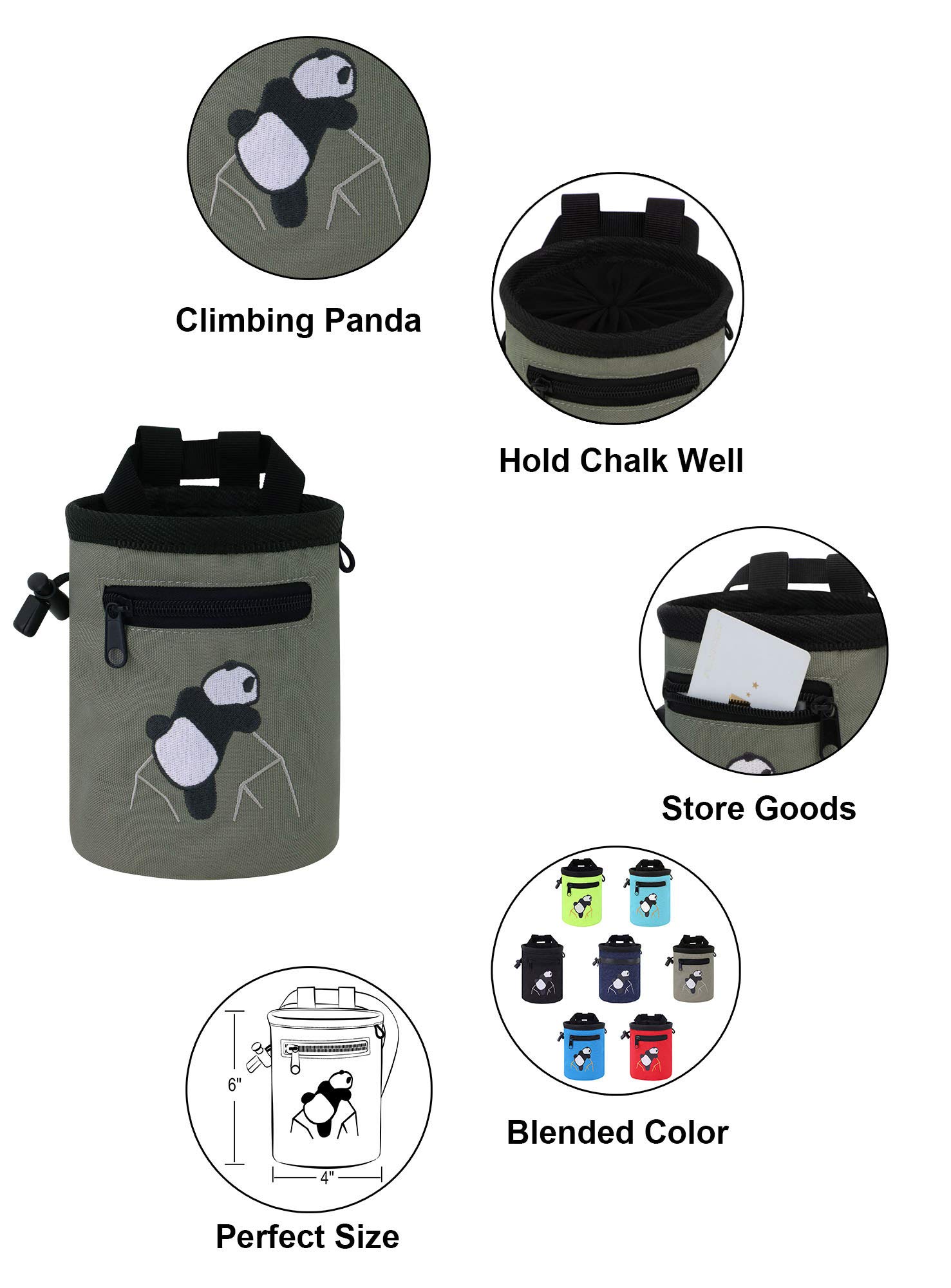 AMC Rock Climbing Chalk Bag with Adjustable Belt - Panda Design for Bouldering & Gym Training - Perfect for Indoor/Outdoor Climbing Adventures