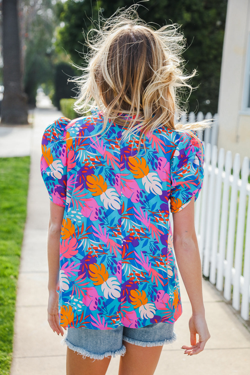 All For You Women's Aqua Tropical Print Frill Notch Neck Puff Sleeve Blouse | Summer Beach Vacation Top | Perfect for Tropical Getaways, Pool Parties & Casual Outings