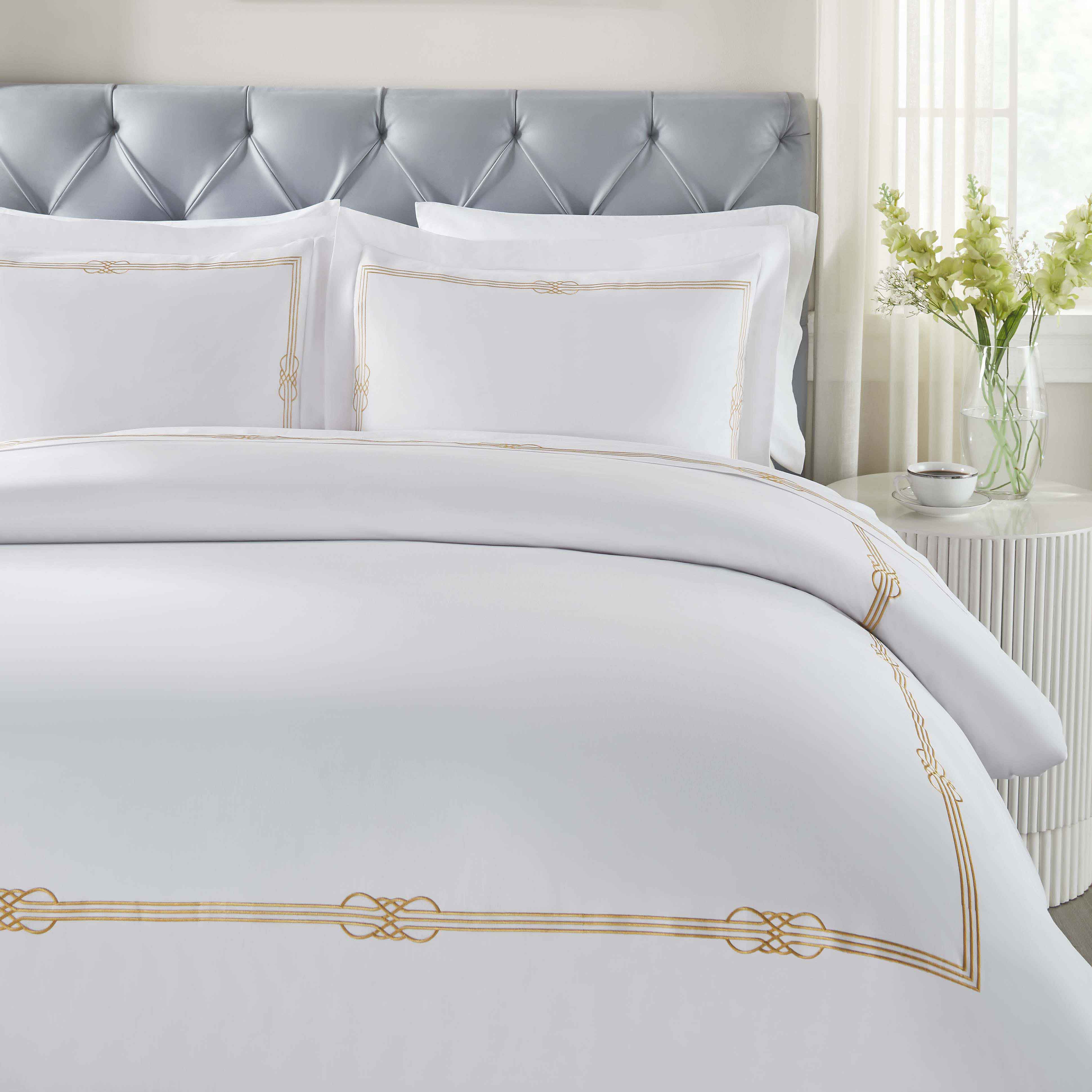 Moonlawn Cotton Gold Embroidered 3-Piece Duvet Cover Set - Queen Size Luxury Bedding for Master Bedroom & Guest Room