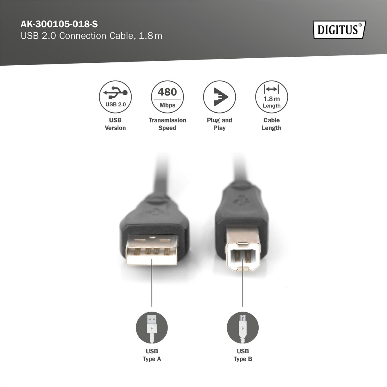 Digitus 1.8m USB 2.0 A Male to B Male Cable - High Speed Data Transfer Cord for Printers, Scanners & External Hard Drives - Durable Black Computer Accessory for Office & Home Use