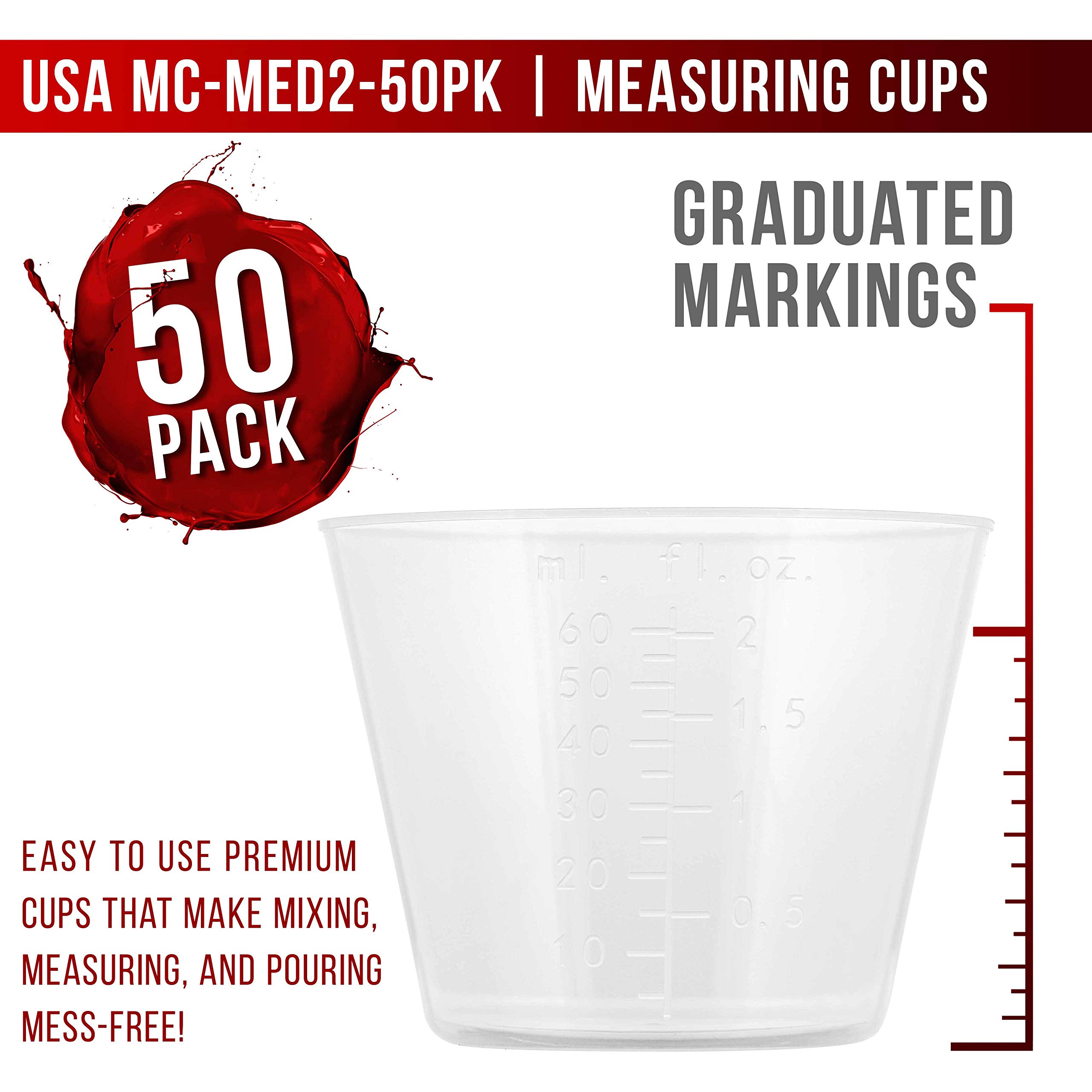 2 Ounce (60ml) Graduated Plastic Measuring Cups with Mixing Sticks - 50 Clear Cups & 25 Sticks for Acrylic Paint, Resin, Epoxy, Art Projects, Cooking, Baking, Medicine, Lab Use - Precise OZ & ML Measurements - Perfect for DIY Crafts, Home Kitchen, and Scientific Experiments