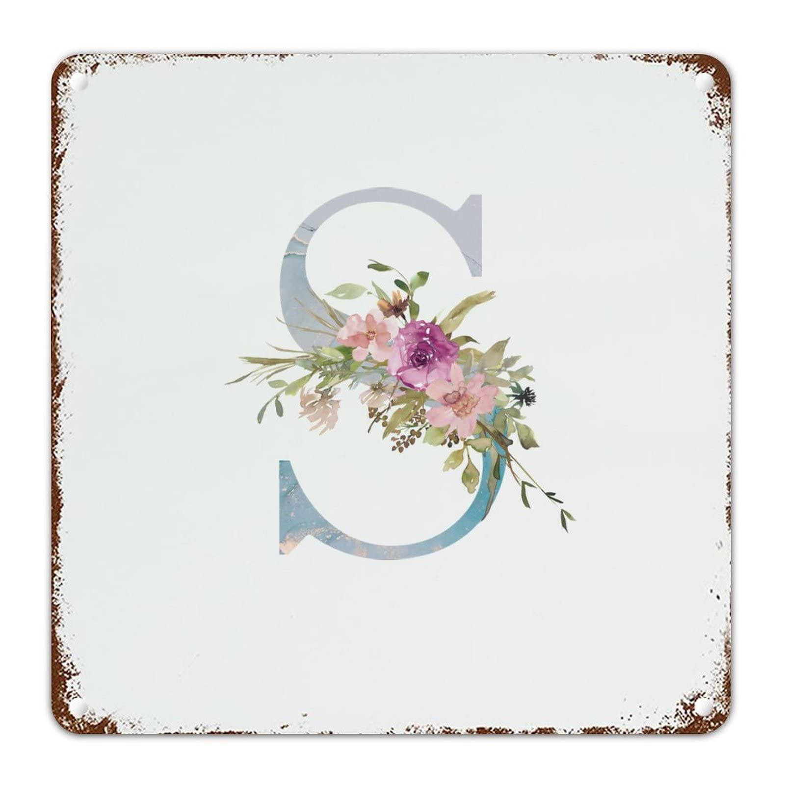Vintage Blue Watercolor Marble Floral Monogram Letter S Metal Wall Sign - 8x8 Inch Hanging Alphabet Decor for Home, Bedroom, Bar & Office | Perfect for Rustic, Farmhouse & Boho Interior Design