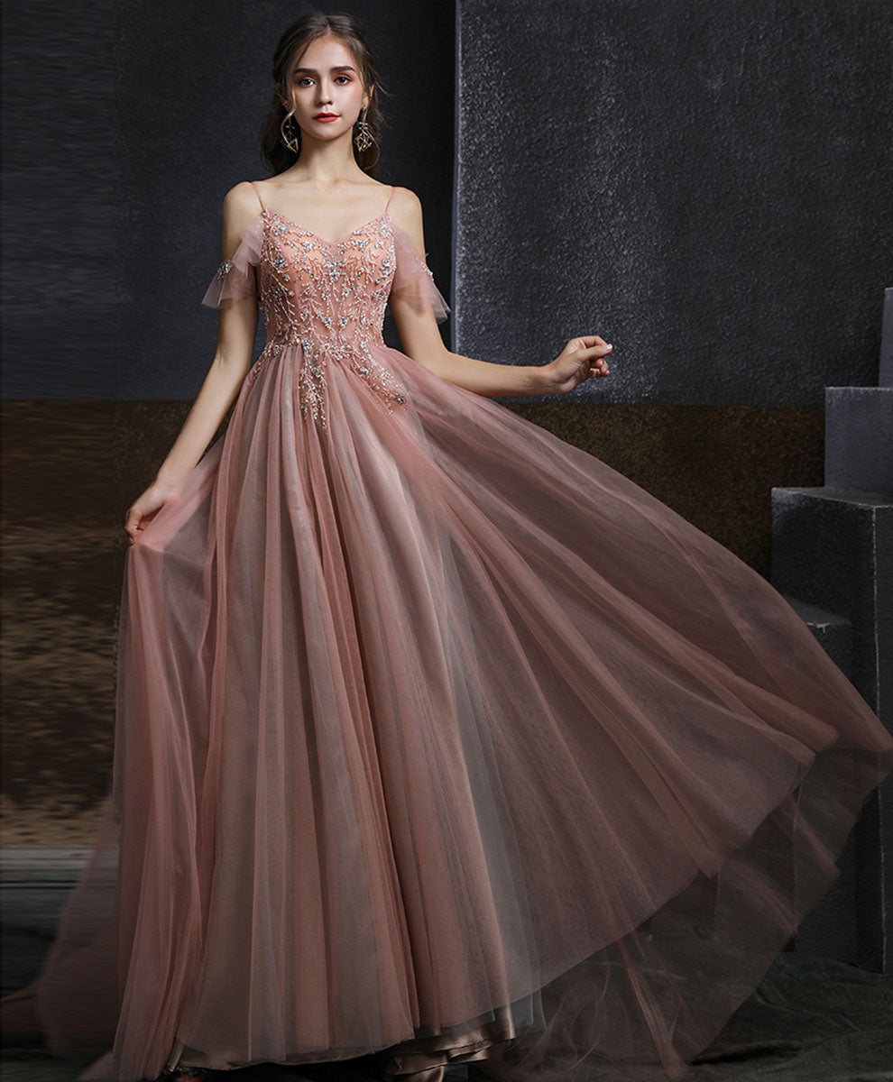 Elegant Pink V-Neck Tulle Beaded Long Prom Dress for Formal Graduation & Evening Events - Perfect for Homecoming, Dances & Special Occasions