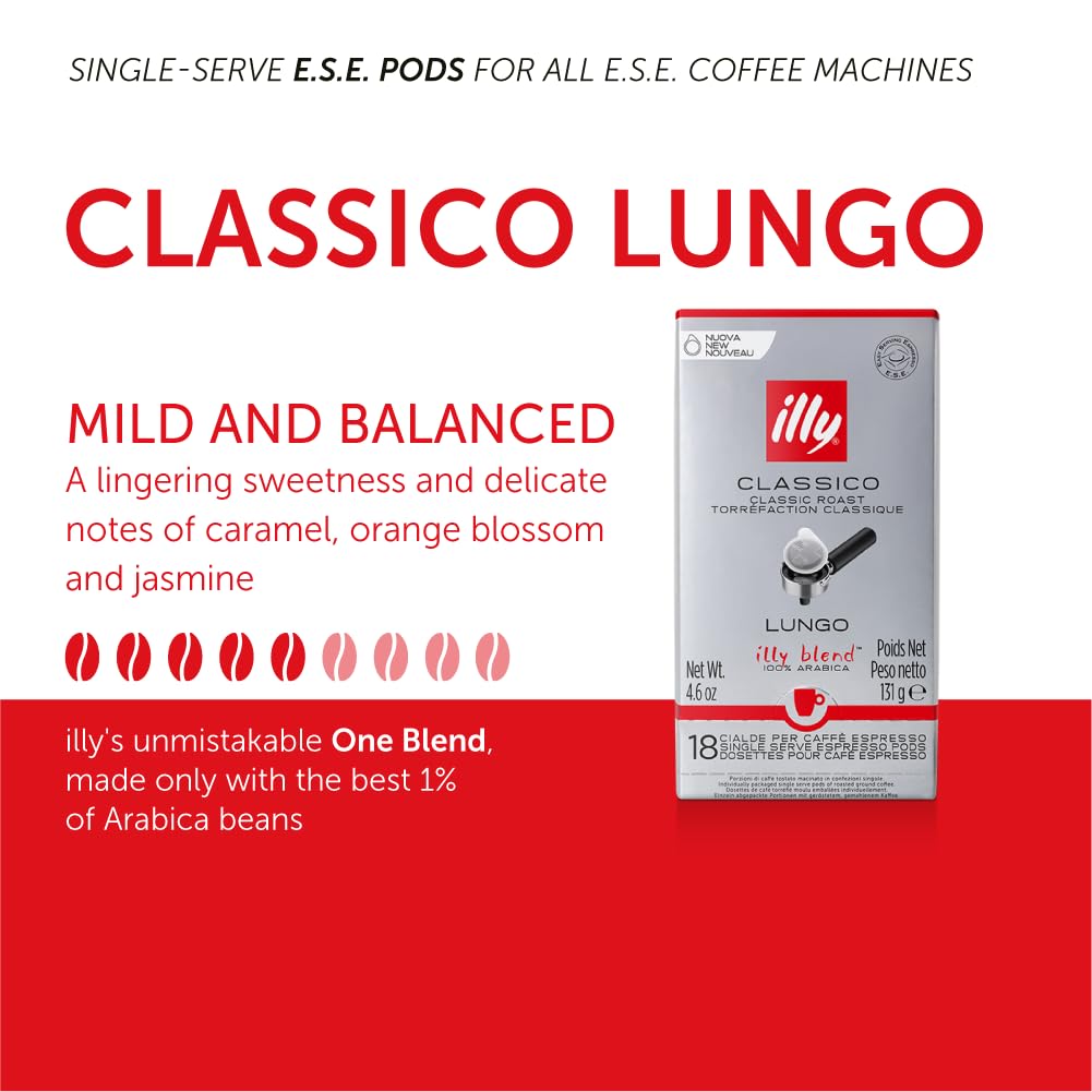 Illy E.S.E. Coffee Pods - Classico Lungo Roast with Caramel, Orange Blossom & Jasmine Notes - Compatible with E.S.E Coffee Machines - Rich Aroma & Full Body - 18 Count (Pack of 12) - Perfect for Home, Office, or Gifting