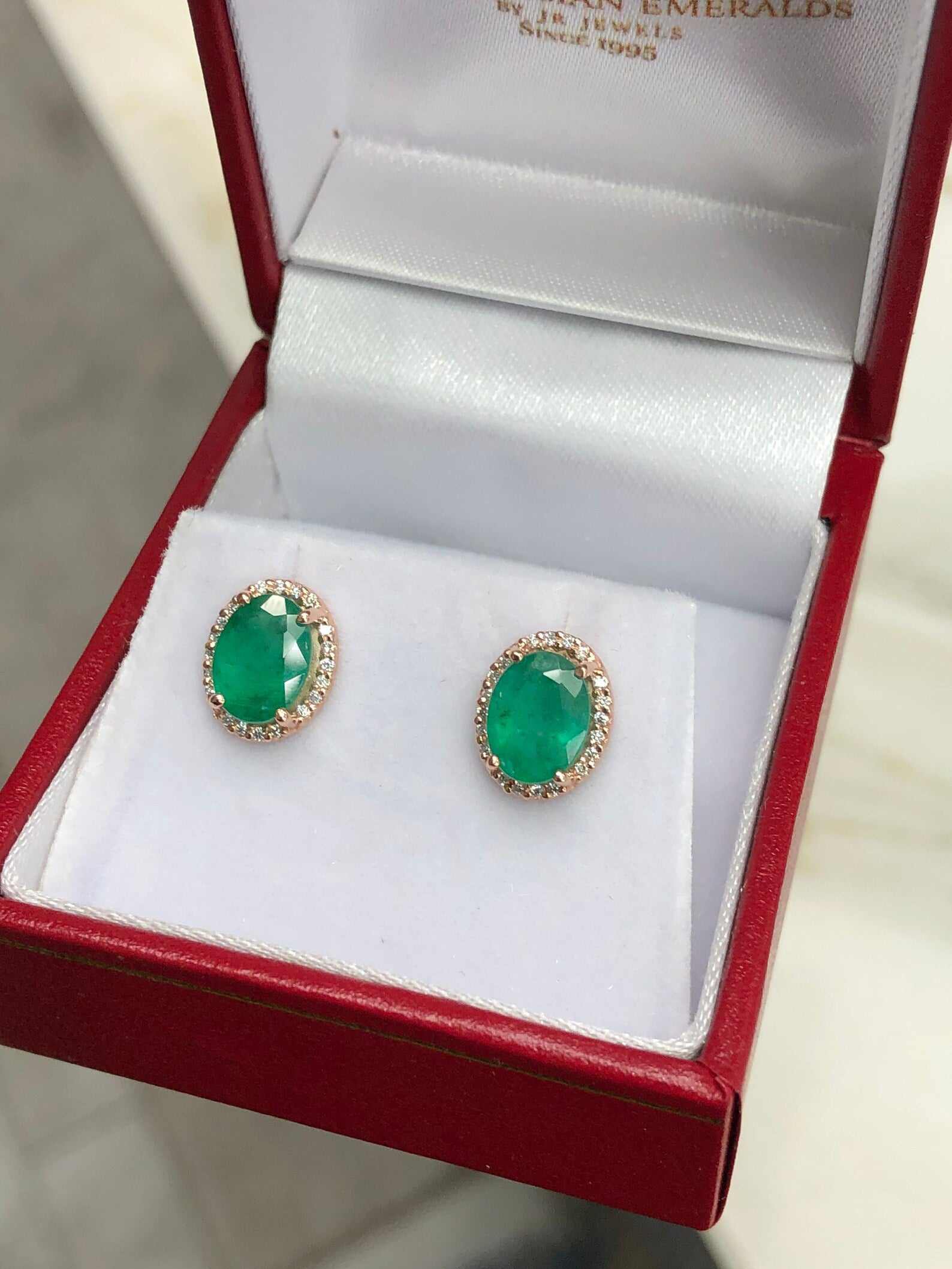 2.10tcw Oval Cut Dark Green Emerald & Diamond Halo 14K Rose Gold Stud Earrings for Women | Luxury Bridal Jewelry, Anniversary Gift, Evening Party Accessories