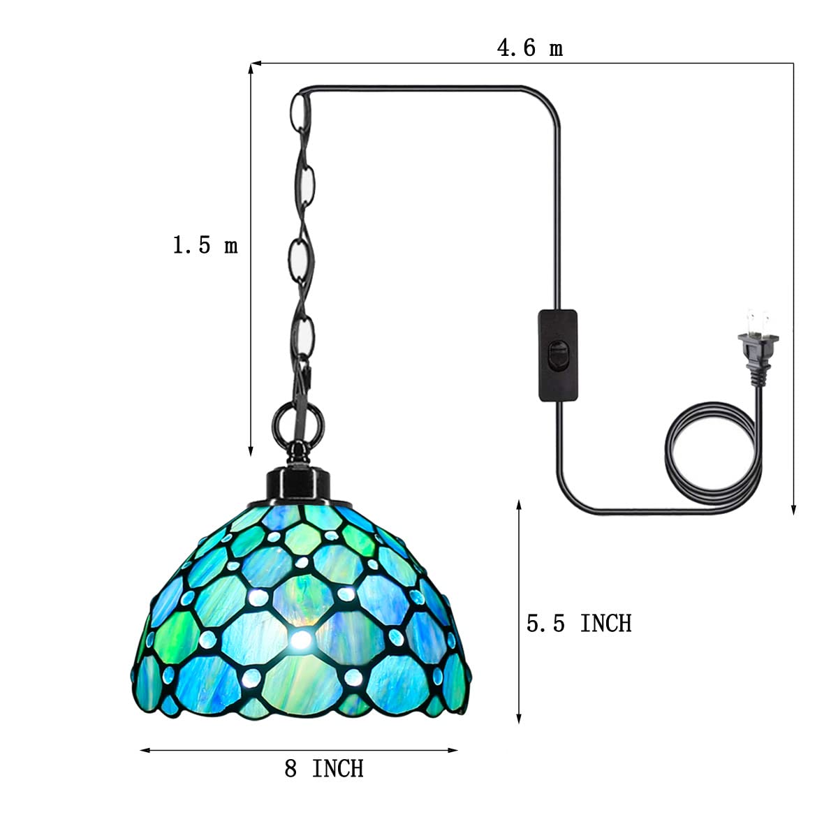 Tiffany Style Plug-in Swag Pendant Light - 8x8x18 Inch Stained Glass Hanging Lamp in Sea Blue Pearl | Perfect for Dining Room, Living Room, Bedroom & Kitchen Decor