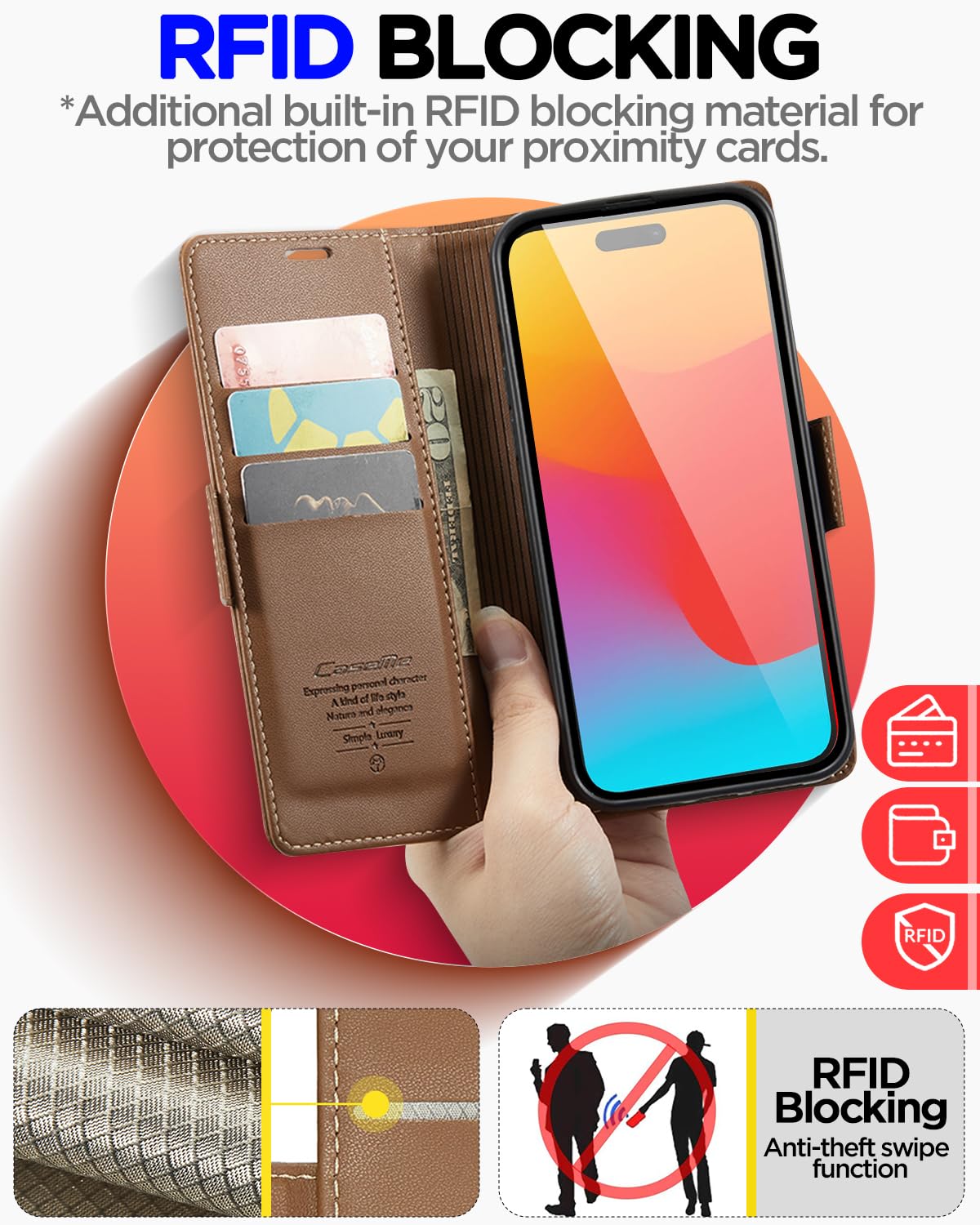 AICase iPhone 15 Wallet Case - Genuine Leather Flip Folio with RFID Blocking & Magnetic Closure - Credit Card Holder & Kickstand - Protective Cover for iPhone 15 (6.1