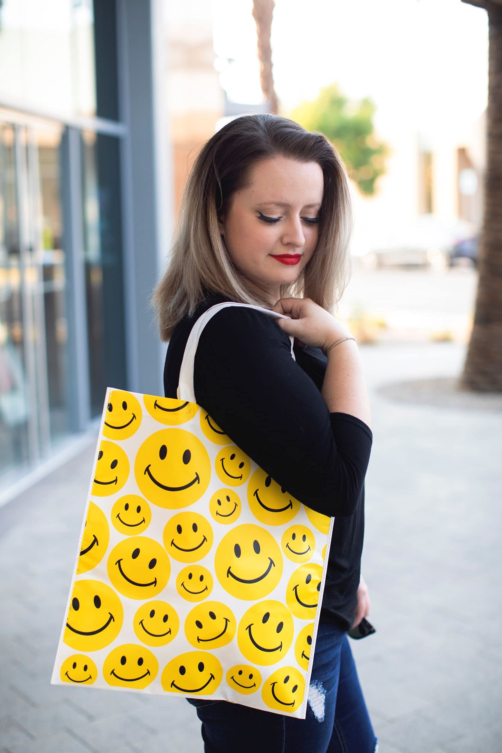 Funiverse Bulk 25 Pack Happy Smile Face Reusable Shopping Totes & Gift Bags - Eco-Friendly Grocery Bags for Shopping, Parties, and Gifting