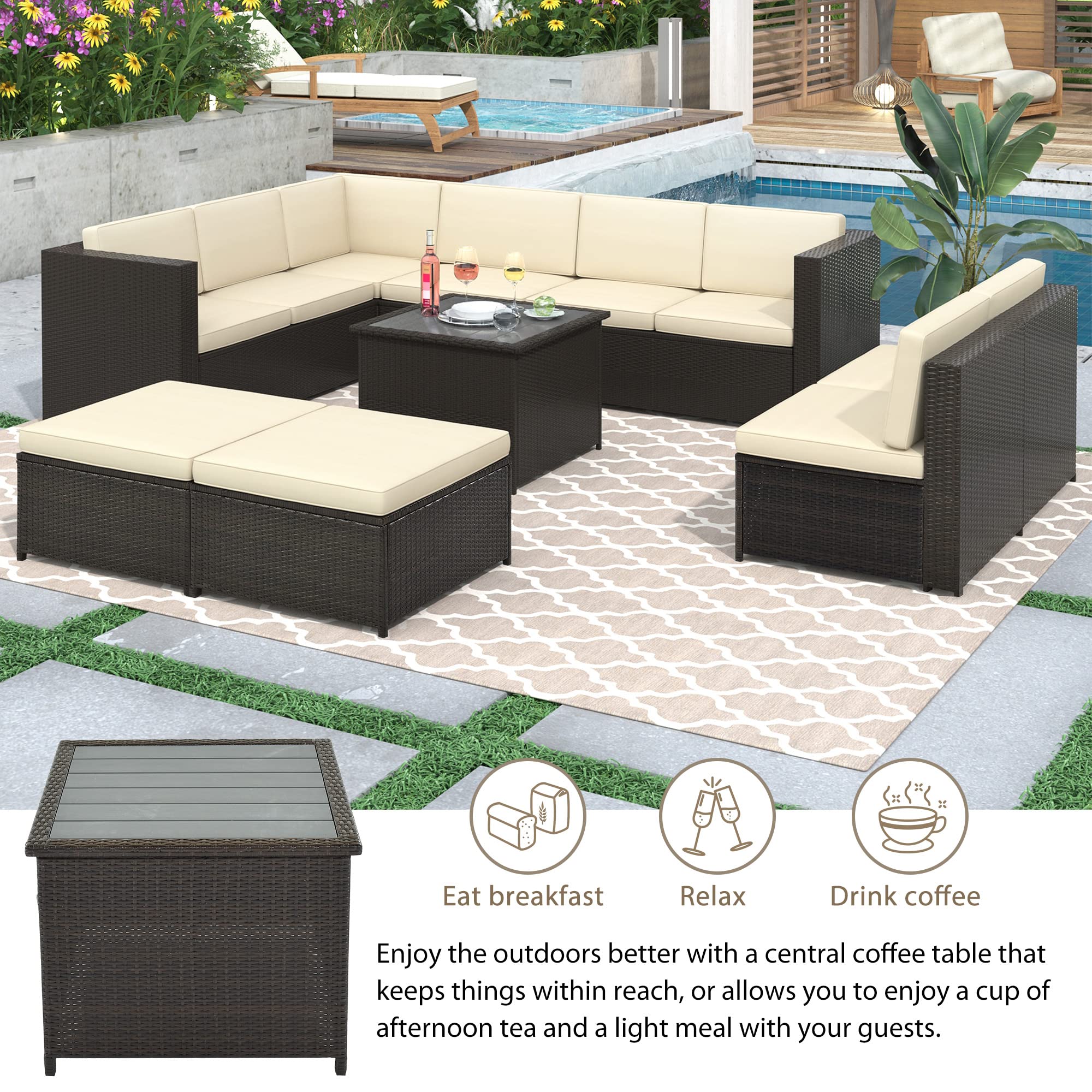 LZ LEISURE ZONE 6-Piece Patio Conversation Set - Outdoor Rattan Sectional Sofa with Coffee Table, Ottoman & Cushions (Brown+Beige) | Perfect for Backyard, Garden, Poolside & Terrace Relaxation