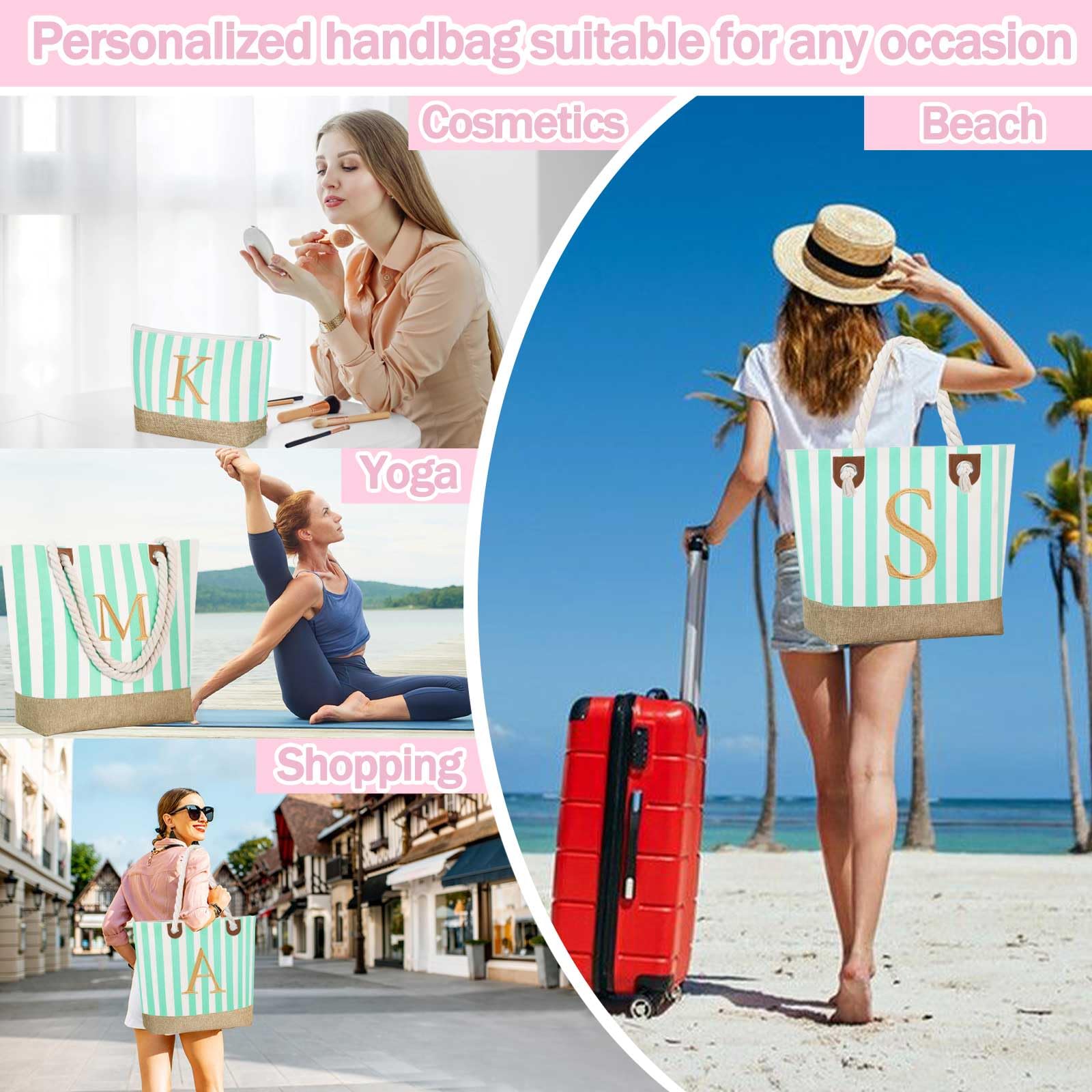 Personalized Initial Beach Tote Bag for Women - Large Zippered Makeup & Travel Tote - Perfect Gift for Bride, Mom, Wife, Teacher, Sister - Great for Beach Trips, Weddings & Daily Use