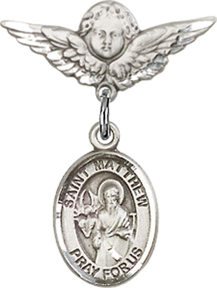Sterling Silver St. Matthew Apostle & Angel Wing Charm Baby Badge Pin - Religious Jewelry Gift for Christening, Baptism & First Communion