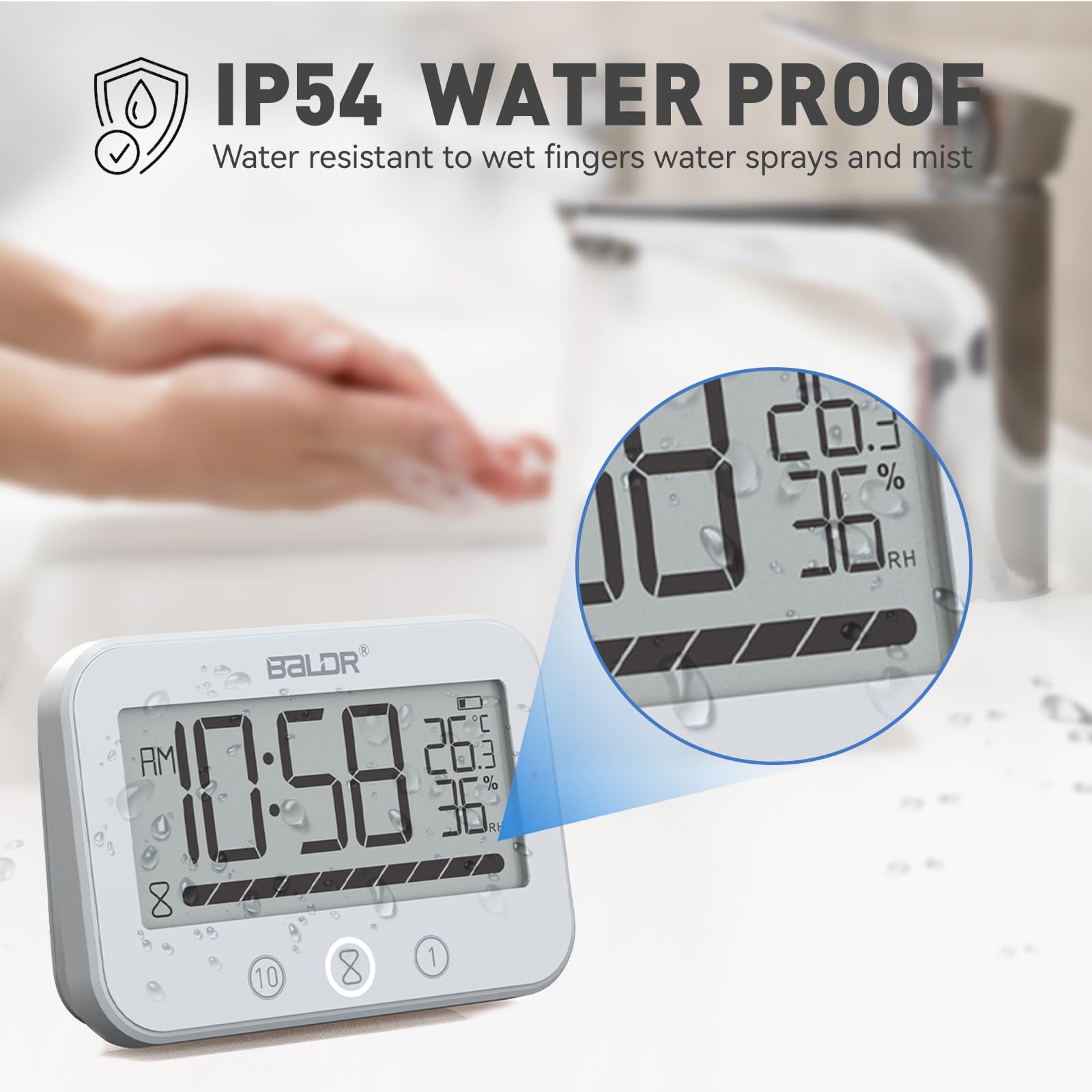 Waterproof Digital LCD Shower Clock with Temperature & Humidity Display - Bathroom Wall Mount Timer for Shower, Spa, Pool - White (2 Suction Cups, Time/Temp/Humidity) - Perfect for Home, Gym & Travel Use