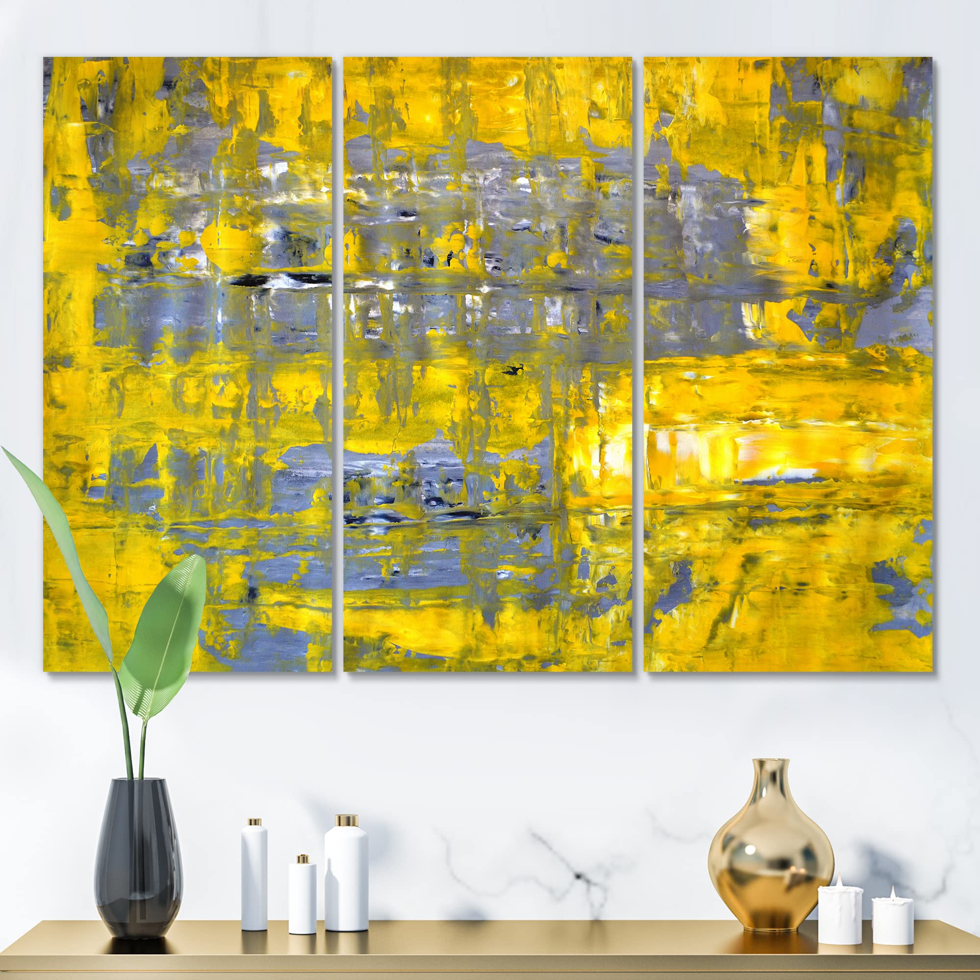 DesignQ Yellow Meets Grey Abstract Art Canvas - Modern Wall Decor for Living Room, Bedroom & Office - Premium Handmade Painting for Home Interior Design