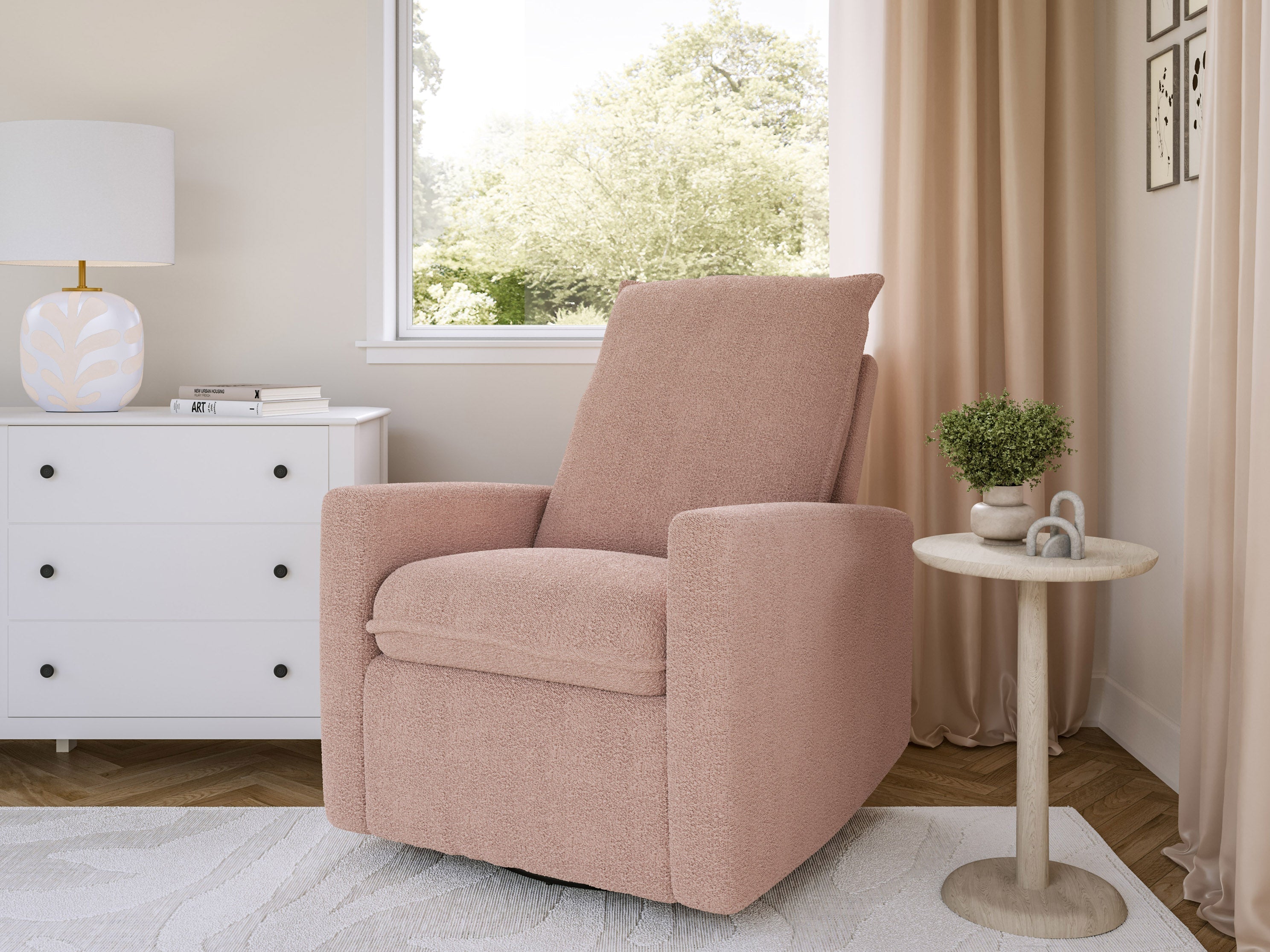 Pink Boucle Glider Recliner Chair - Soft Swivel Rocking Chair with Ottoman, Nursery Glider for Breastfeeding, Living Room Accent Chair for Relaxing & Reading