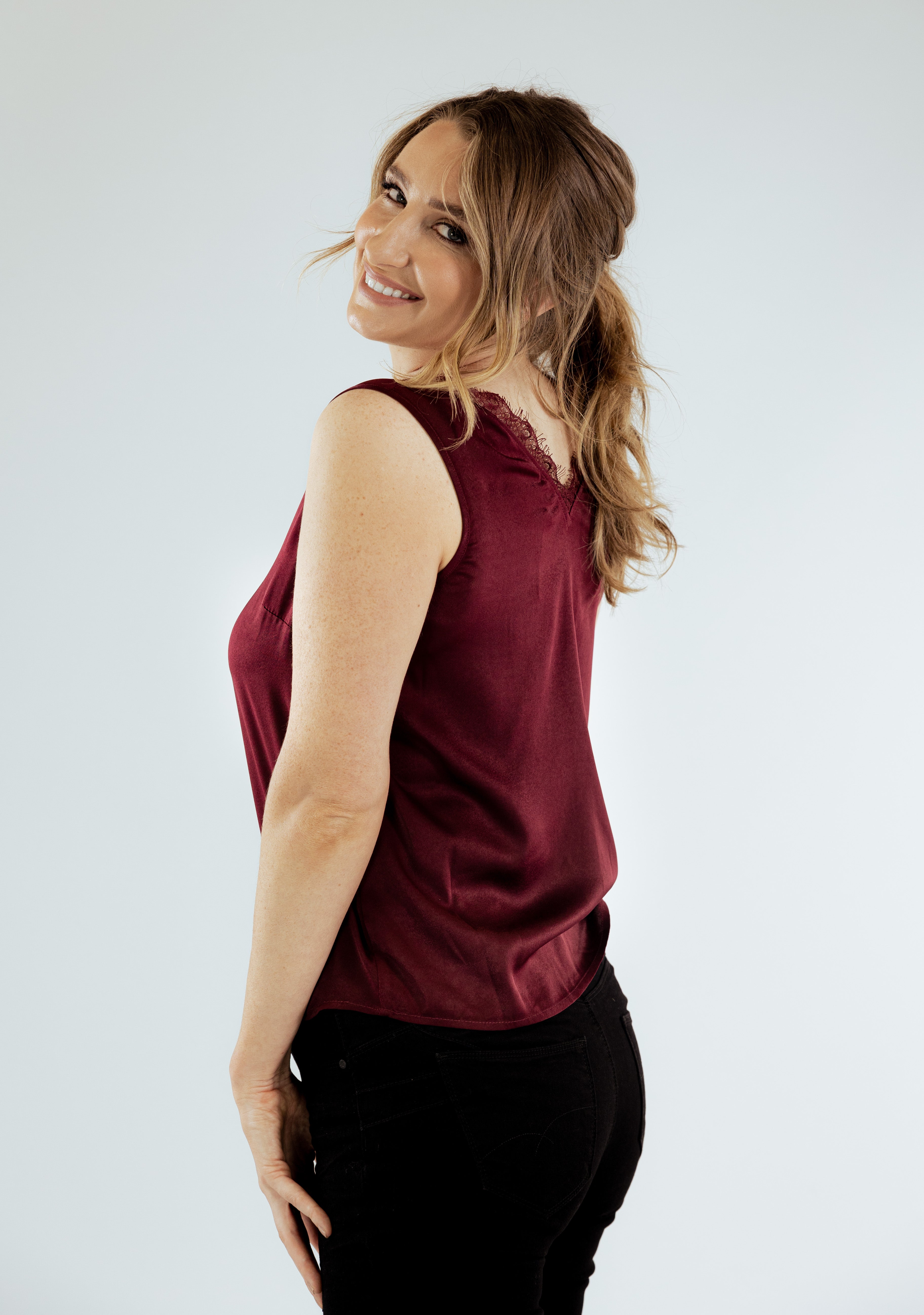 Maple Cami Top Women's Burgundy Sleeveless V-Neck Tank Top - Perfect for Summer, Beach, and Casual Outfits