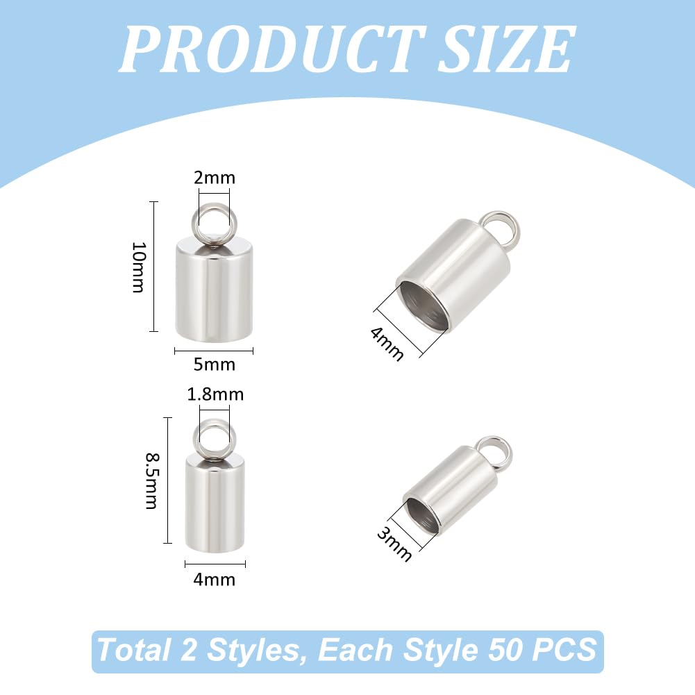 UNICRAFTALE 100pcs 2 Sizes 3mm/4mm 304 Stainless Steel Barrel Cord End Caps - Leather Bracelet Tips, Jewelry Making Supplies for DIY Bracelets, Necklaces & Craft Projects