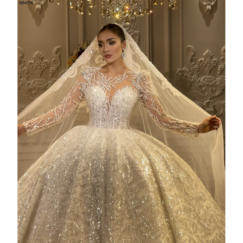 Elegant Lace Appliqué Ball Gown Wedding Dress with Long Sleeves - Perfect for Bridal, Formal Events & Princess-Themed Parties