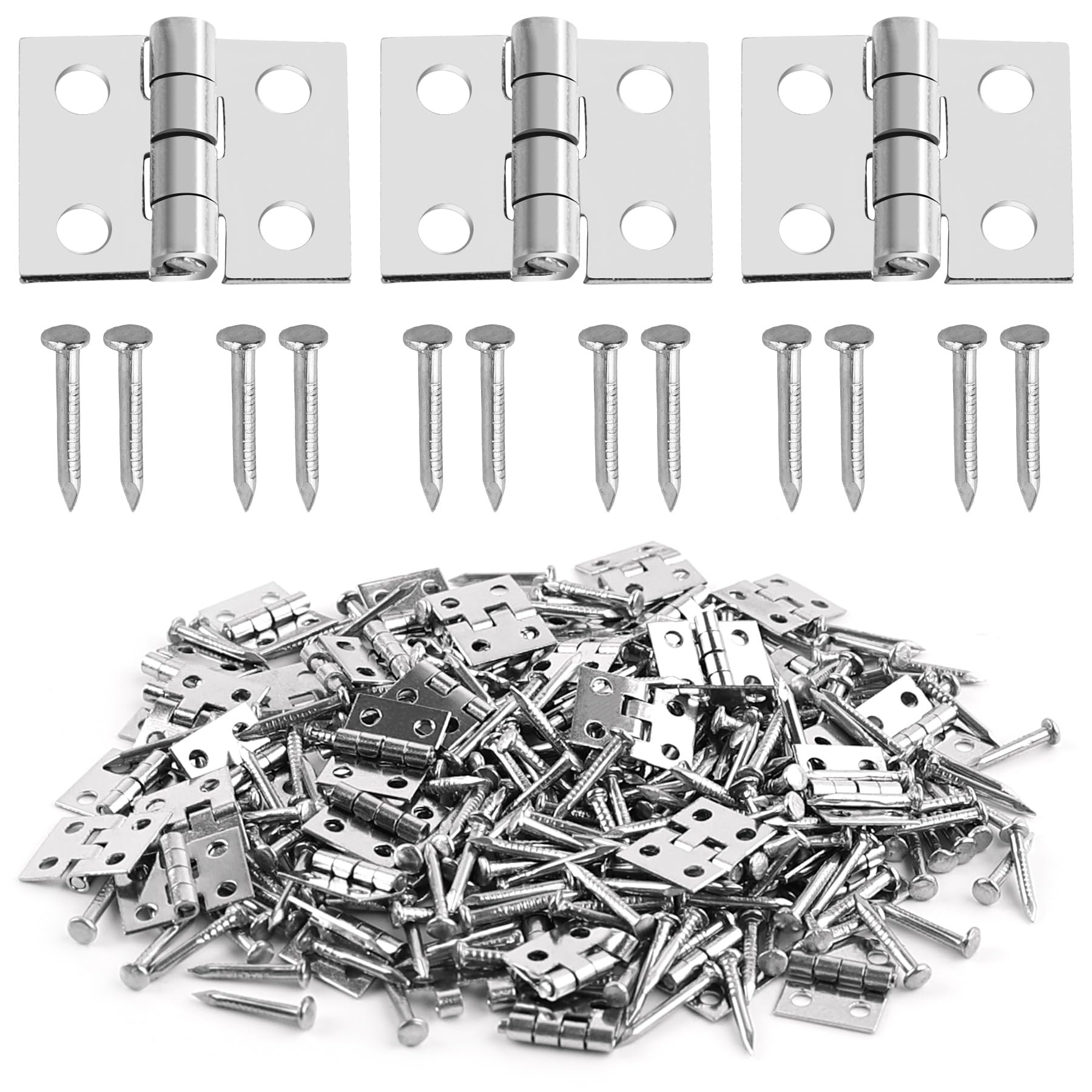 50 Pack Miniature Hinges with 200 Screws - 180 Degree Rotation Silver Jewelry Box Hardware for Furniture, Craft, Closet & Cabinet - Perfect for DIY Projects, Small Woodworking & Home Decor Upgrades