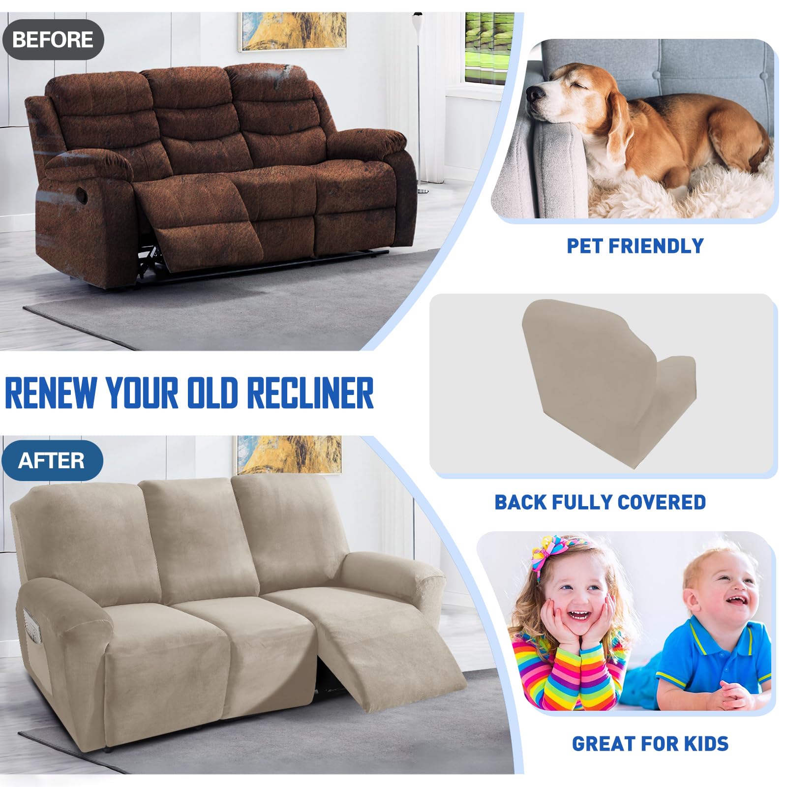 MAXIJIN 8-Piece Stretch Velvet Recliner Sofa Covers - Soft, Thick & Washable Slipcovers for 3-Cushion Reclining Couches (Khaki) | Perfect for Living Room, Home Theater & Family Room Furniture Protection