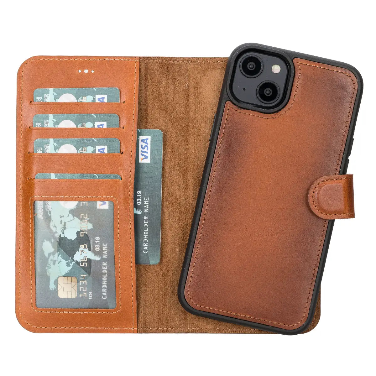 Premium Burnished Tan Leather Wallet Case for iPhone 14 Plus - Slim Protective Cover with Card Slots | Perfect for Everyday Use, Travel & Business