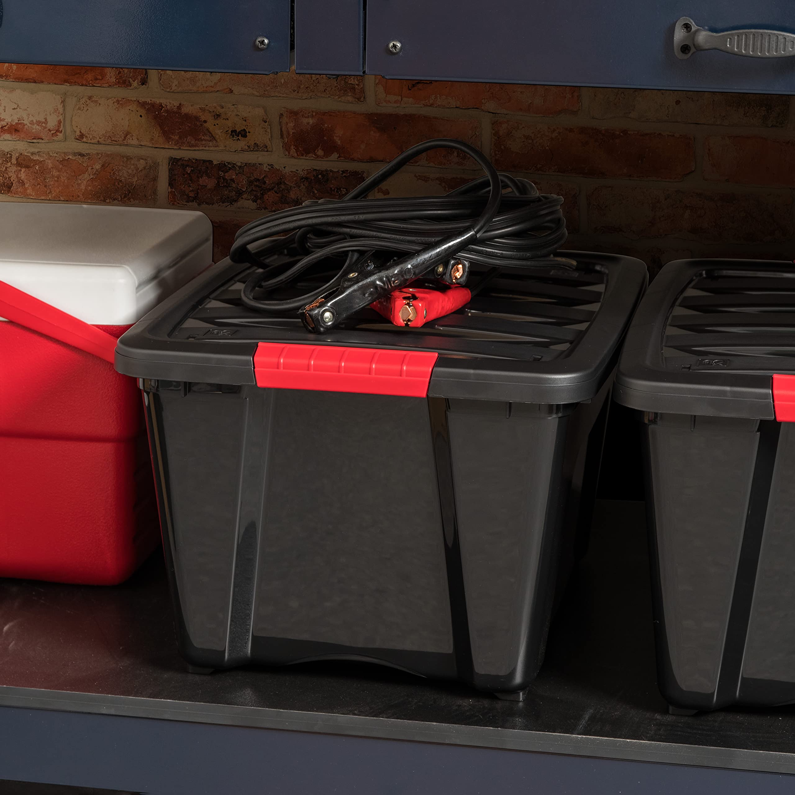 IRIS USA 32 Qt Stackable Plastic Storage Bins with Lids, 6 Pack - BPA-Free, Made in USA - Durable Nestable Containers for Garage, Closet & Home Organization - Secure Pull Handle & Latches - Black - Perfect for Storing Toys, Tools & Seasonal Items